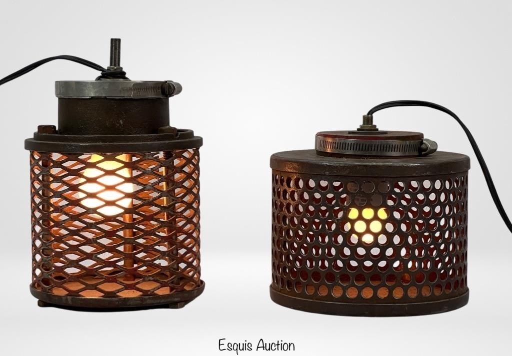 Two Vintage Industrial Type Metal Lantern Lights (1 of 3)