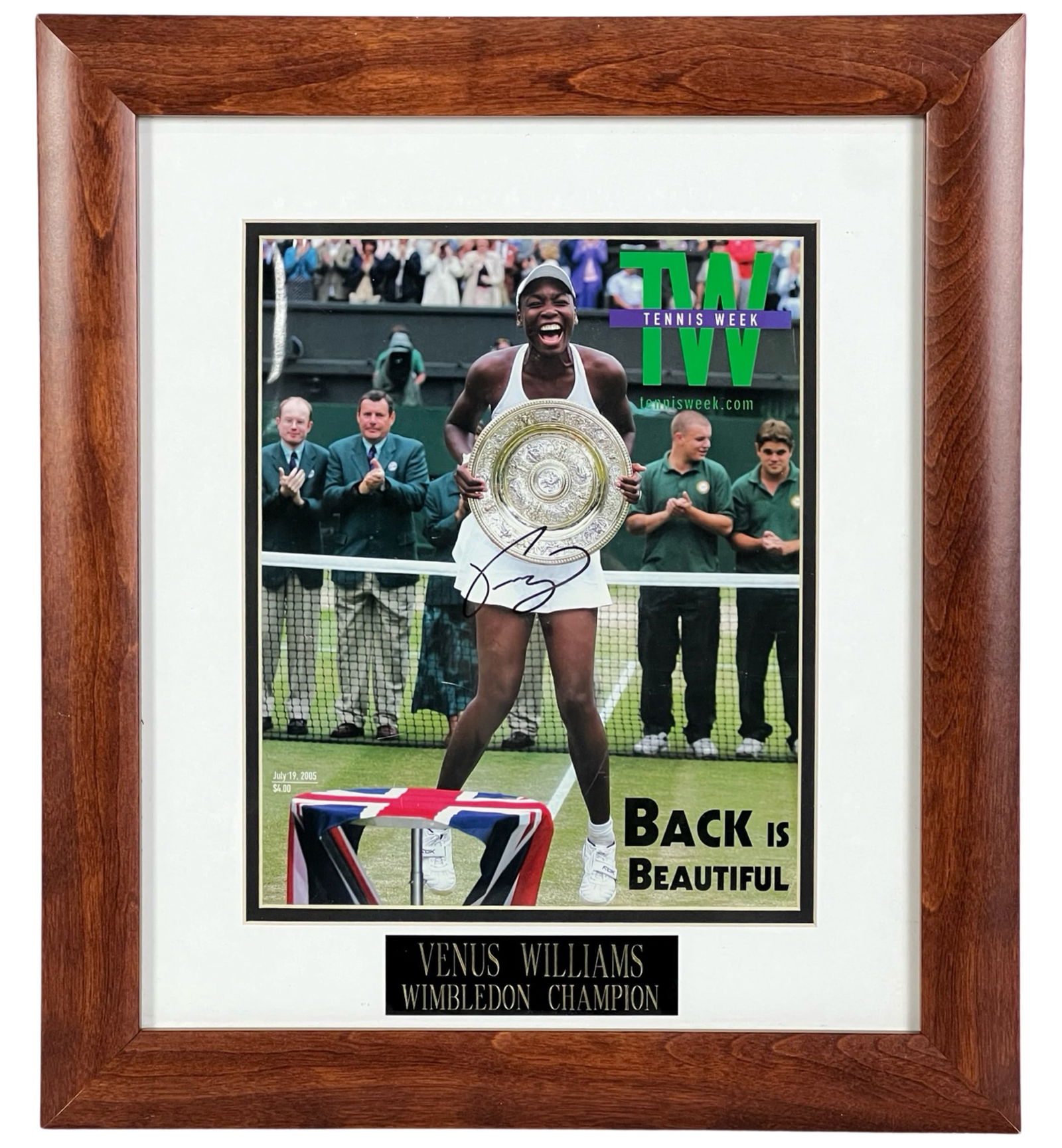 Venus Williams Signed Tennis Magazine Cover: Elevate your tennis memorabilia collection with this Venus Williams signed Tennis Magazine cover photo. The signature of the tennis icon enhances this collector's item, beautifully framed to perfectio