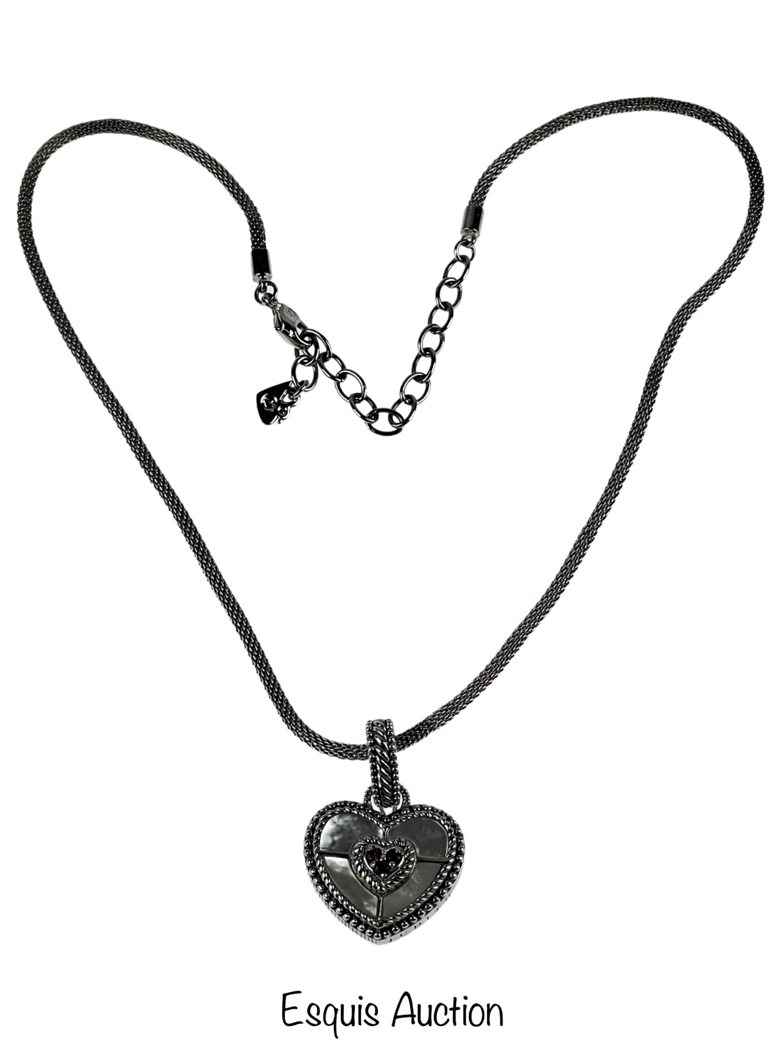 Swarovski Sterling Necklace w Judith Ripka Pendant: Indulge in sophistication with this Swarovski Sterling Silver Necklace adorned with a Judith Ripka Sterling Silver Pendant. The pendant features exquisite Mother of Pearl inlay with three red stones a