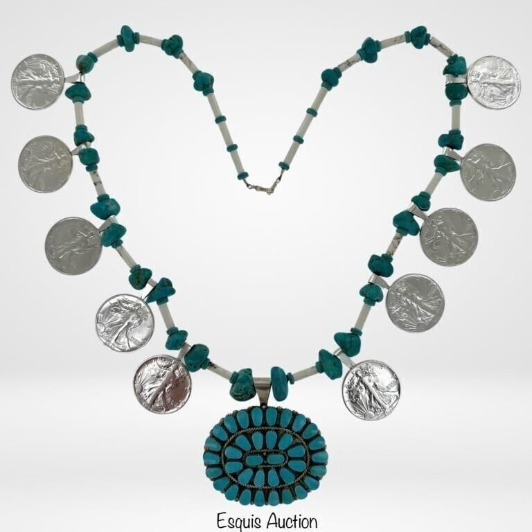 Navajo Sterling Silver, Turquoise & Coins Necklace (1 of 5)