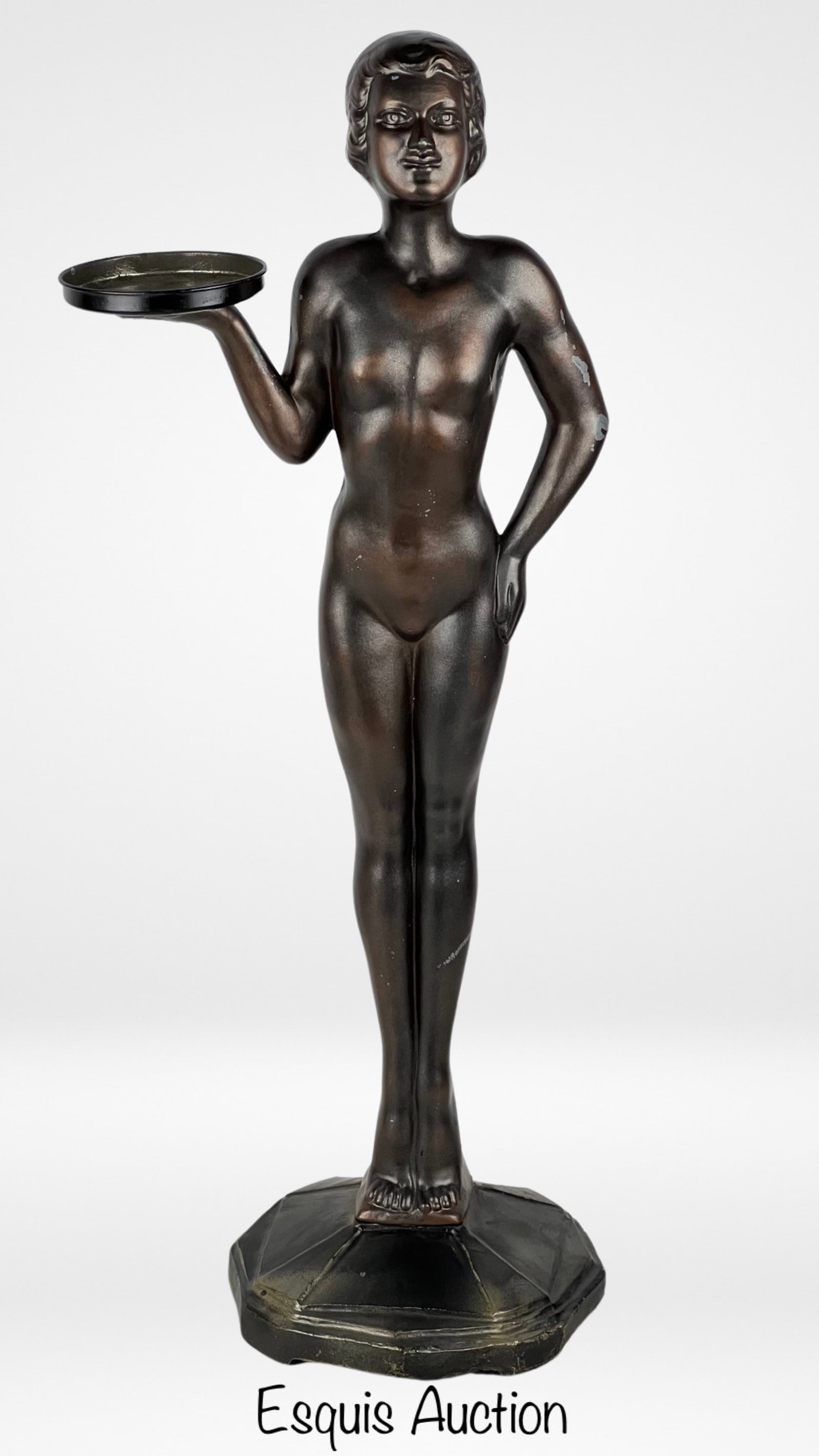 27" Art Deco Nude Lady Floor Statue/ Ashtray: Elevate your space with this stunning Vintage Art Deco Style Nude Lady Floor Statue/Ashtray, standing at an impressive 27 inches tall. Crafted from high-quality cast metal, this timeless piece effortl