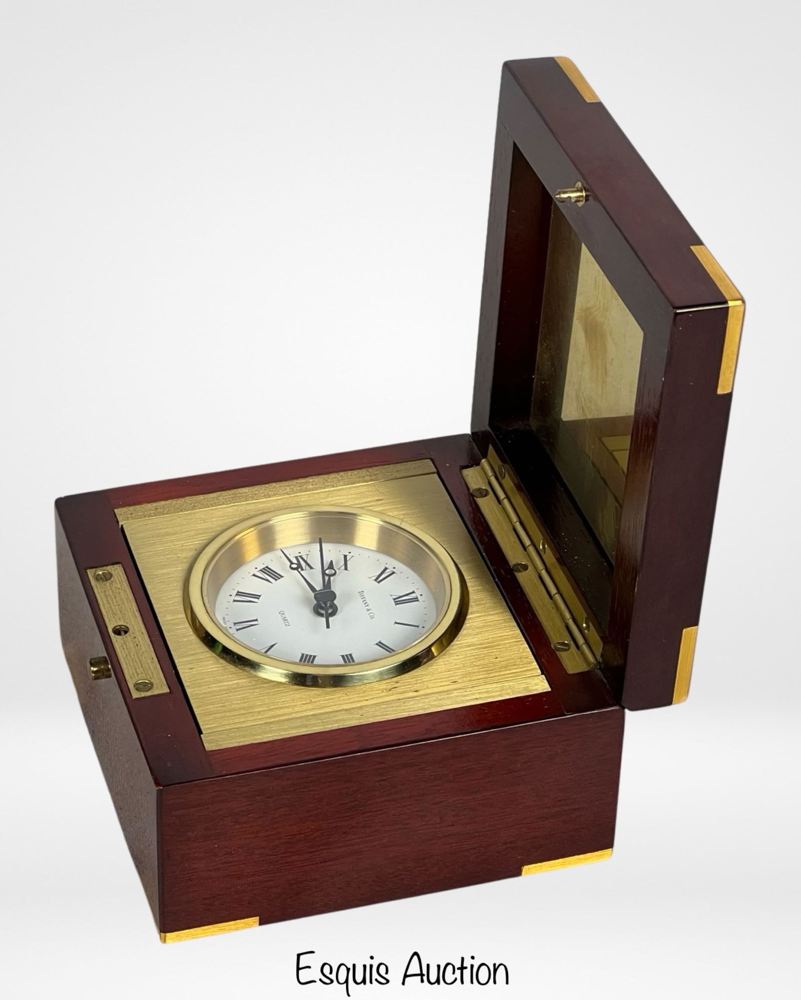 Tiffany & Co Desk Clock in Mahogany & Brass Box (1 of 4)