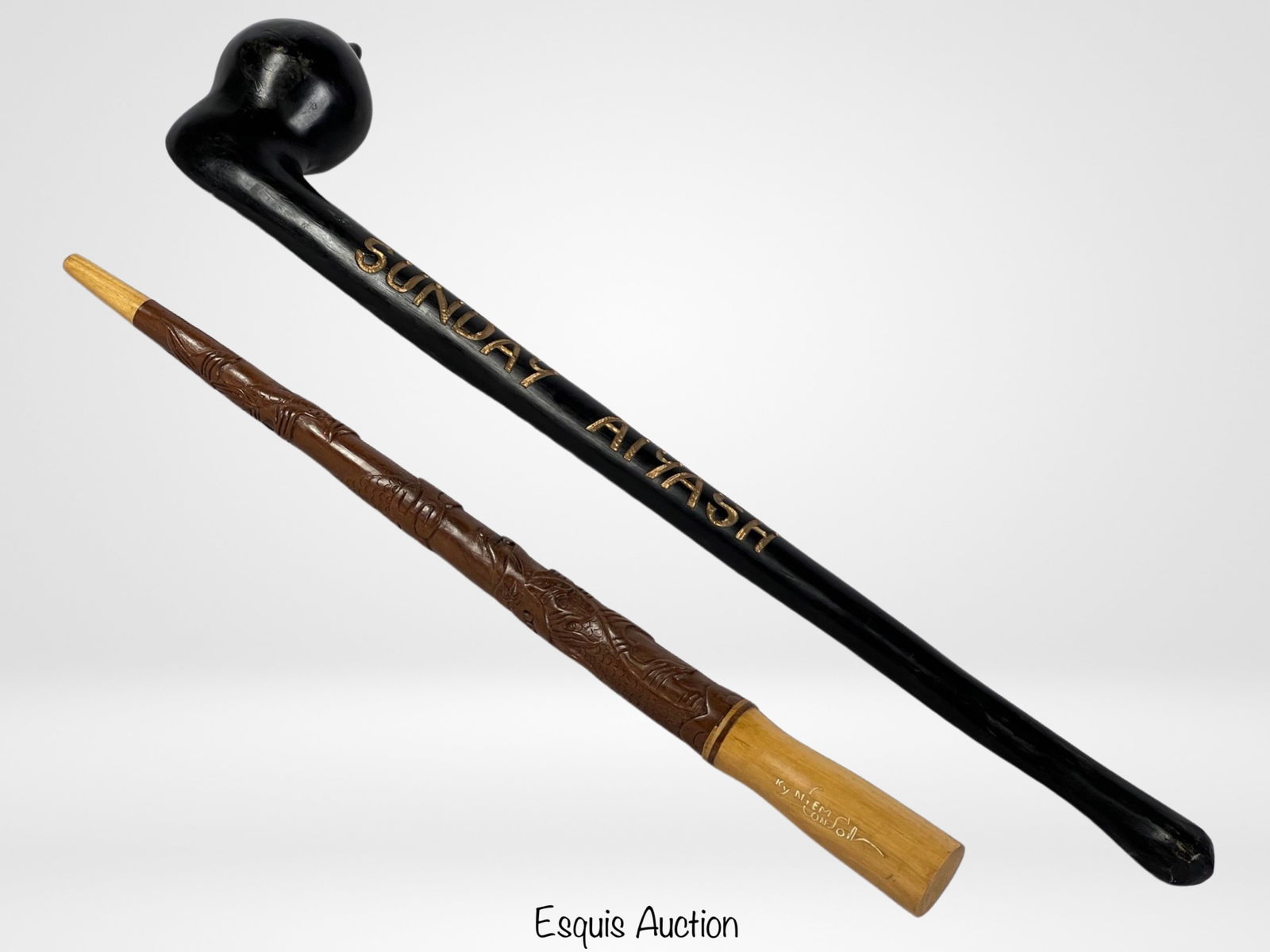 African Hardwood War Club & Carved Swagger Stick (1 of 4)