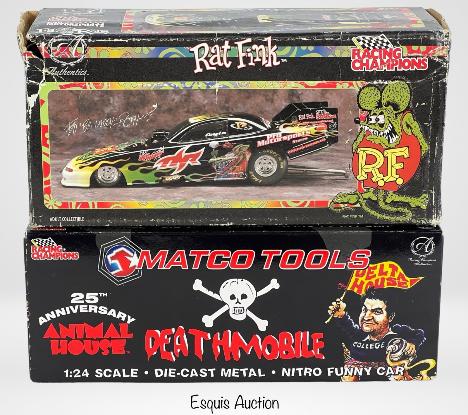Rat Fink & Animal House Death Mobile Die-Cast Cars: 1/24 Scale Rat Fink Cory Lee Get Nasty Die Cast NHRA Racing Champions Funny Die-Cast Car and 1/24 Scale Whit Bazemore Animal House Death Mobile Die-Cast Car
