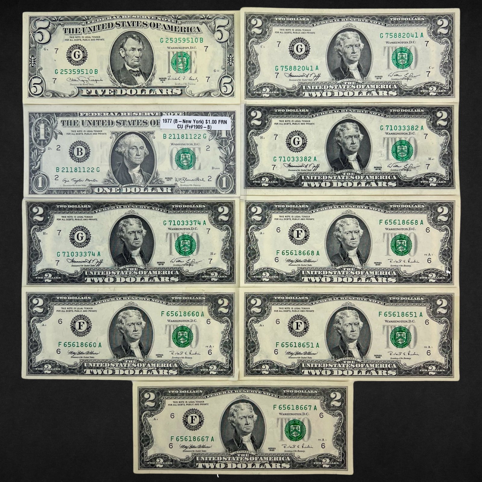 US Banknotes - $2, $5 & $1 Bills- UNC (1 of 3)