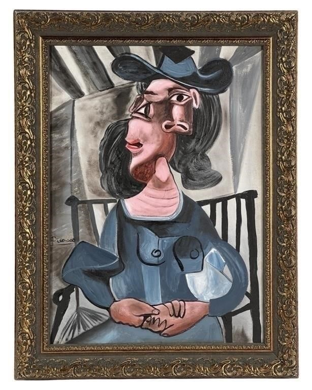 Original Painting in Manner of Pablo Picasso: This striking original oil painting on canvas, titled "Girl in Chair," pays homage to the iconic style of Pablo Picasso. Signed "Picasso" in the mid-left corner. "Galerie Louise Leiris," "Musee D'Orse