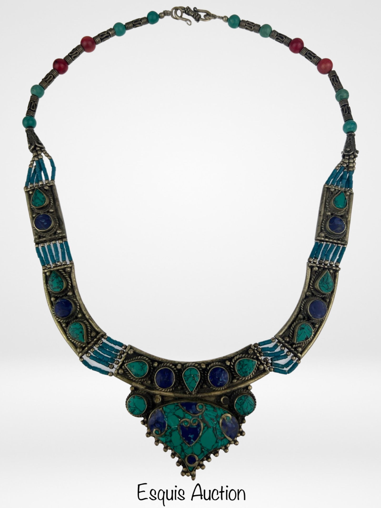 Vintage Tibetan Silver Necklace- Turquoise, Lapis, (1 of 3)