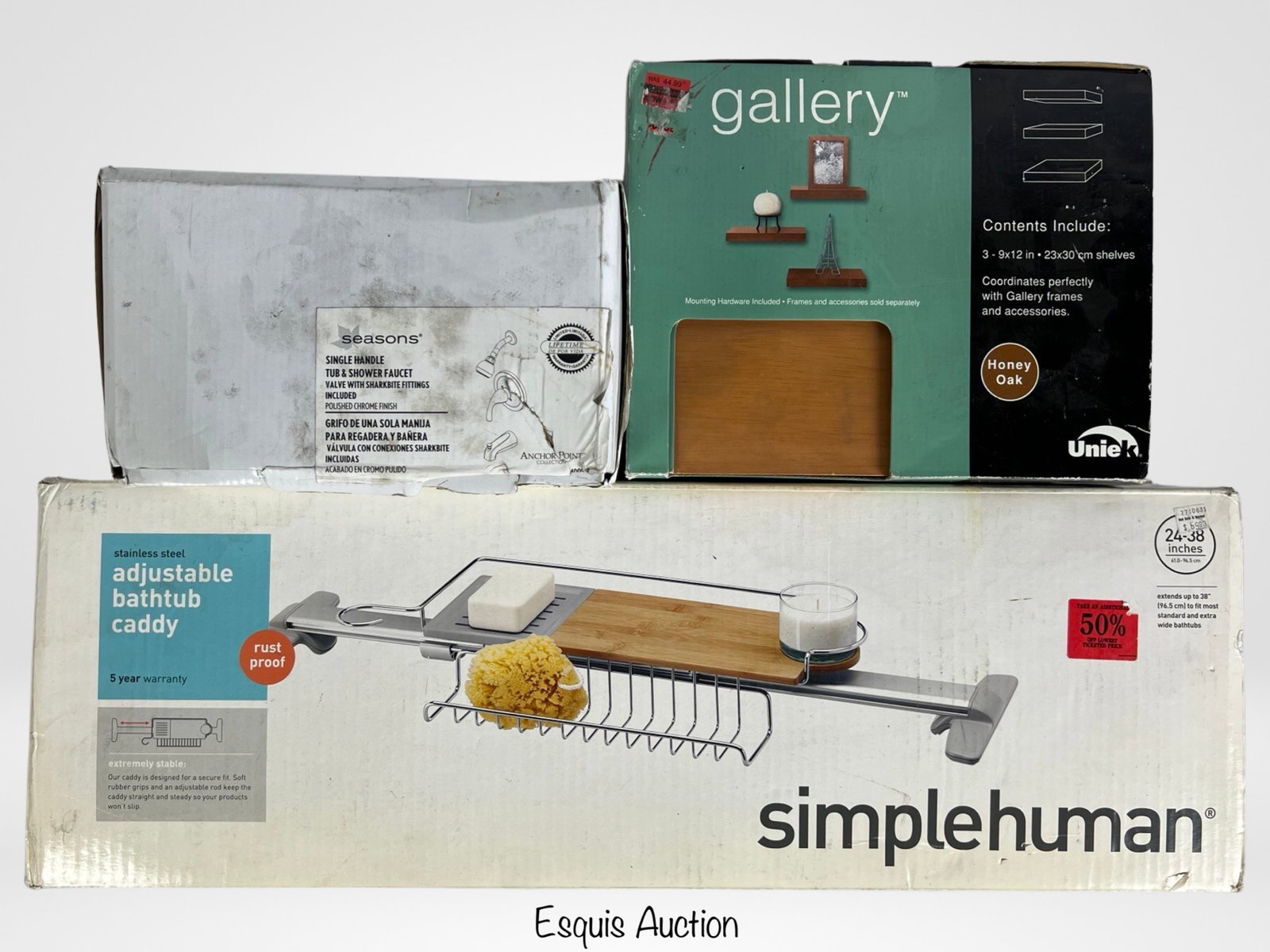 Home Bathroom Supplies- Tub & Shower Faucet: Lot of New Home Bathroom Supplies- Seasons Tub & Shower Faucet, Simple Human Adjustable Bathtub Caddy, Gallery Wall Shelves.