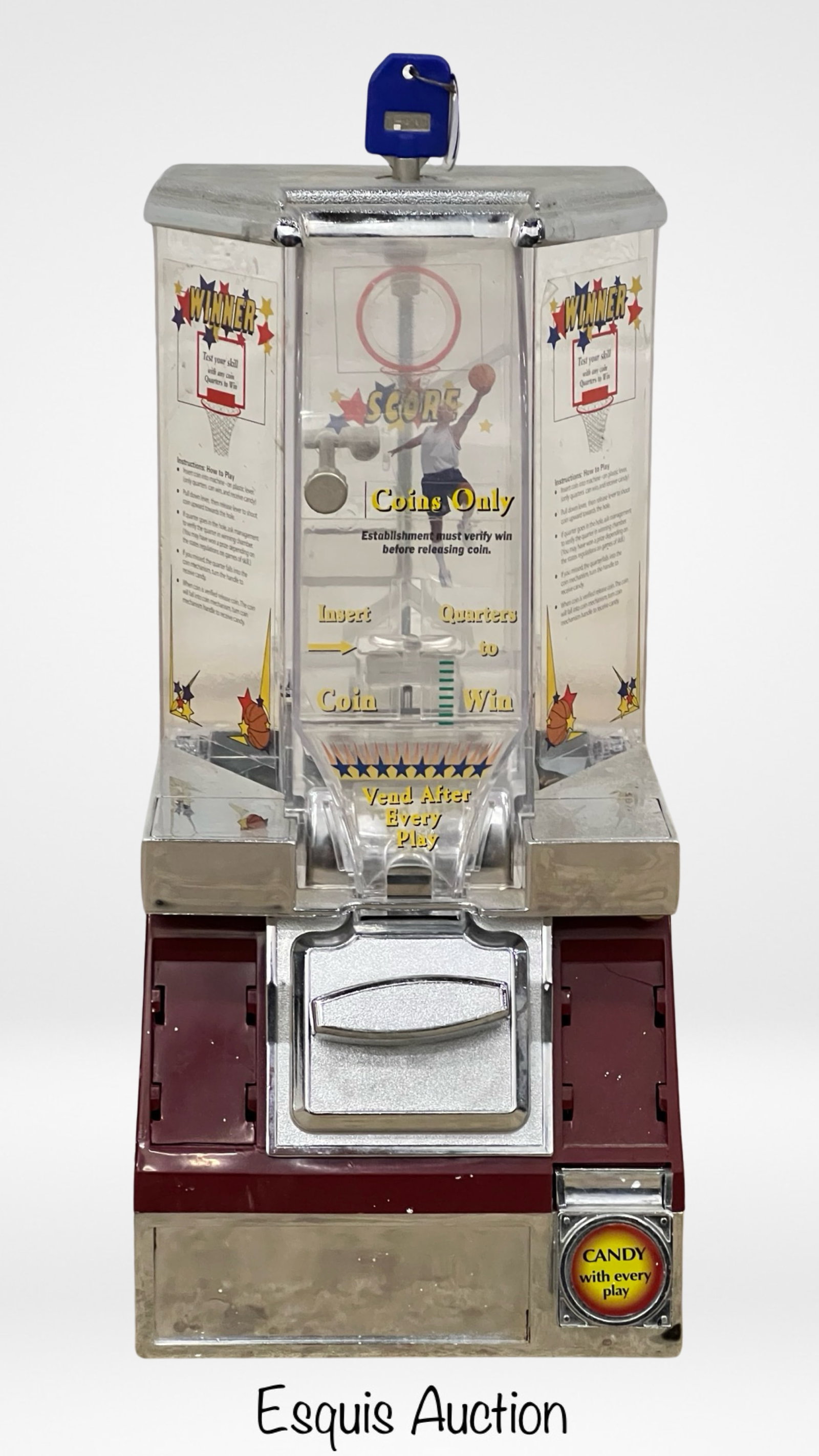 Basketball Candy Coin Shooter Vending Machine: Bring the excitement of the arcade into your home or business with this Basketball Candy Coin Shooter Vending Machine. Designed to delight basketball fans and candy enthusiasts alike, this colorful an
