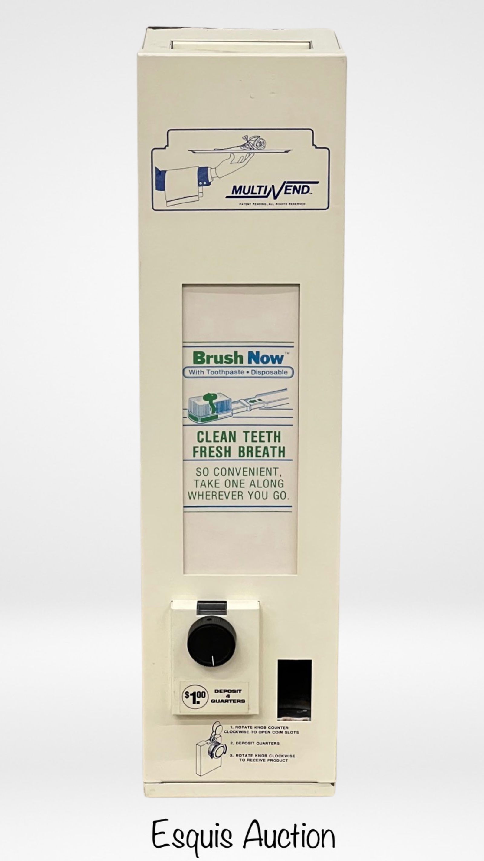Multi-Vend "Brush Now" Tooth Brush 1$ Vending Mach: Transport yourself back to the vibrant 1990s with this vintage Multi-Vend "Brush Now" Toothbrush $1 Coin-Op Vending Machine, a nostalgic relic from a time when convenience met innovation. Combining re