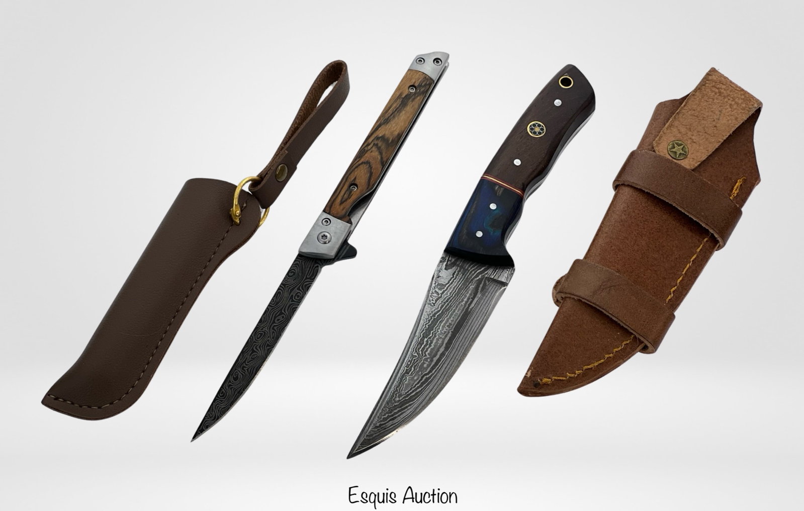 Damascus Steel Hunter & Folding Knives: Immerse yourself in the exceptional quality and artistry of these two American-made handcrafted Damascus steel knives, each a masterpiece of craftsmanship and ingenuity. Painstakingly forged using a c