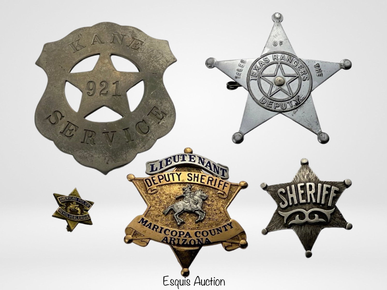 Vintage Police & Sheriff Badges, Stars & Pins: Vintage Police & Sheriff Badges & Stars including Leutenant Deputy Sheriff- Maricoma County, Arizona; Kane Service #921(as found); American Police Revolver League Pin, Sheriff Star Button Cover and 19