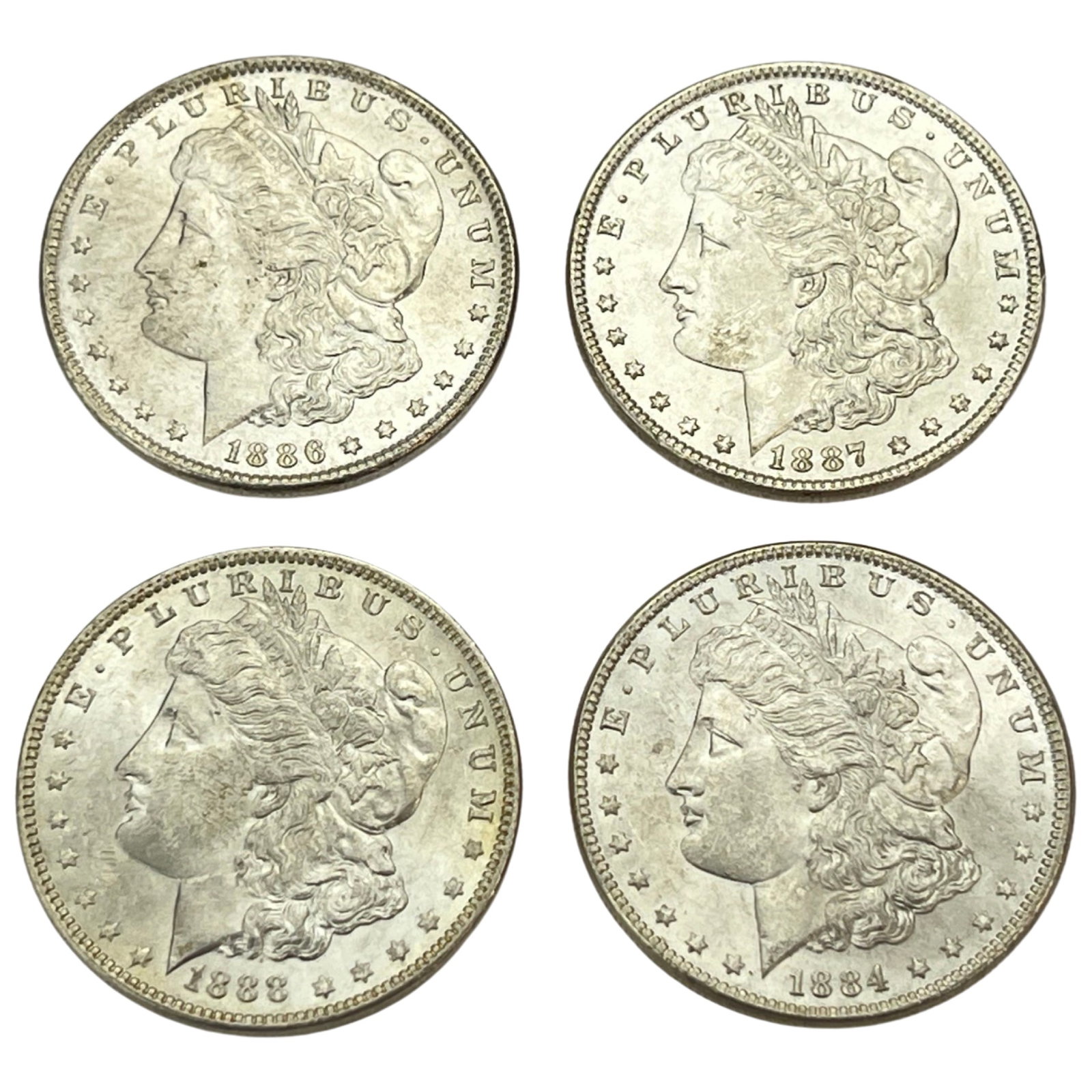 4 US Silver Morgan Dollar Coins- 1884, 1886, 1887, (1 of 2)