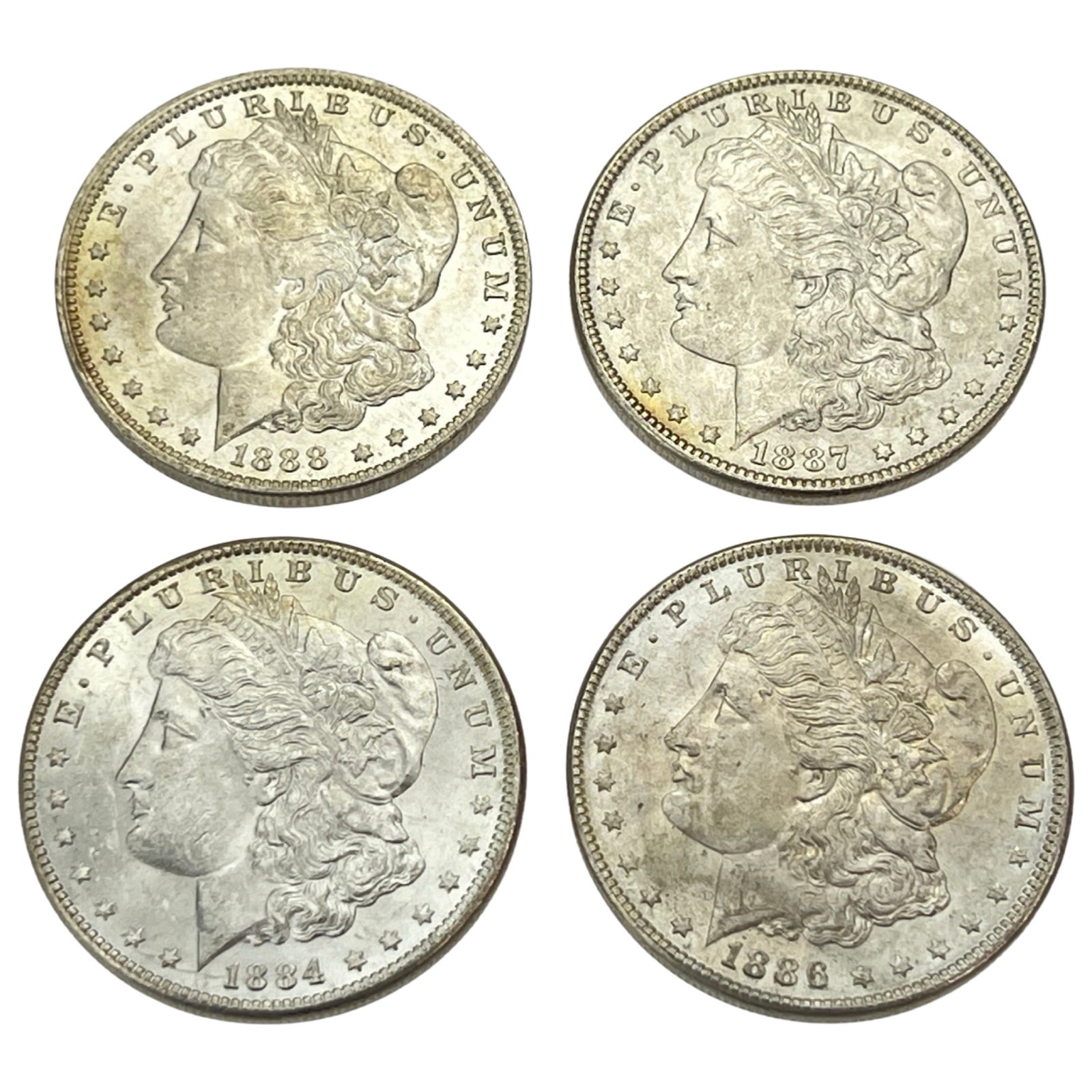 4 US Silver Morgan Dollar Coins- 1888 O, 1887, 86 (1 of 2)