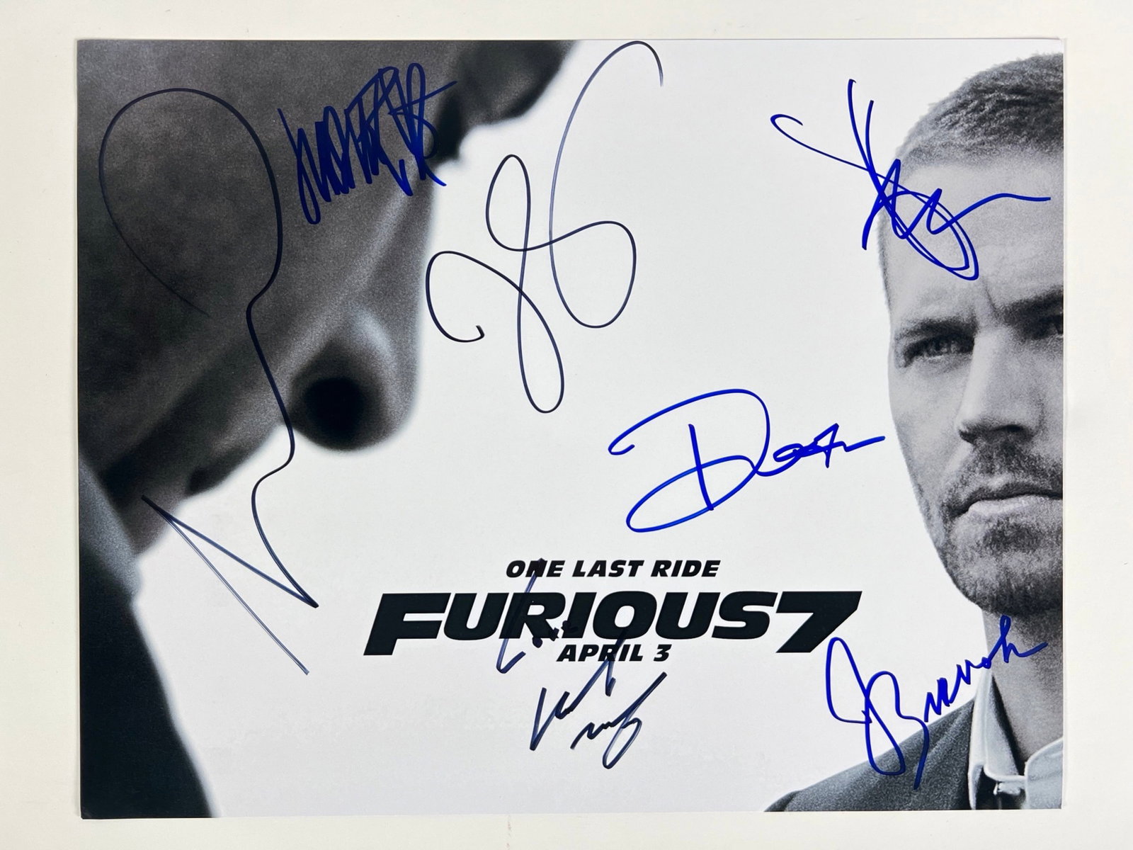Fast and the Furious 7 Cast Signed Photograph: Rev up your collection with this autographed 11" x 14" photograph from the blockbuster film "Fast and the Furious 7," featuring signatures from the cast members. This coveted collectible captures a th