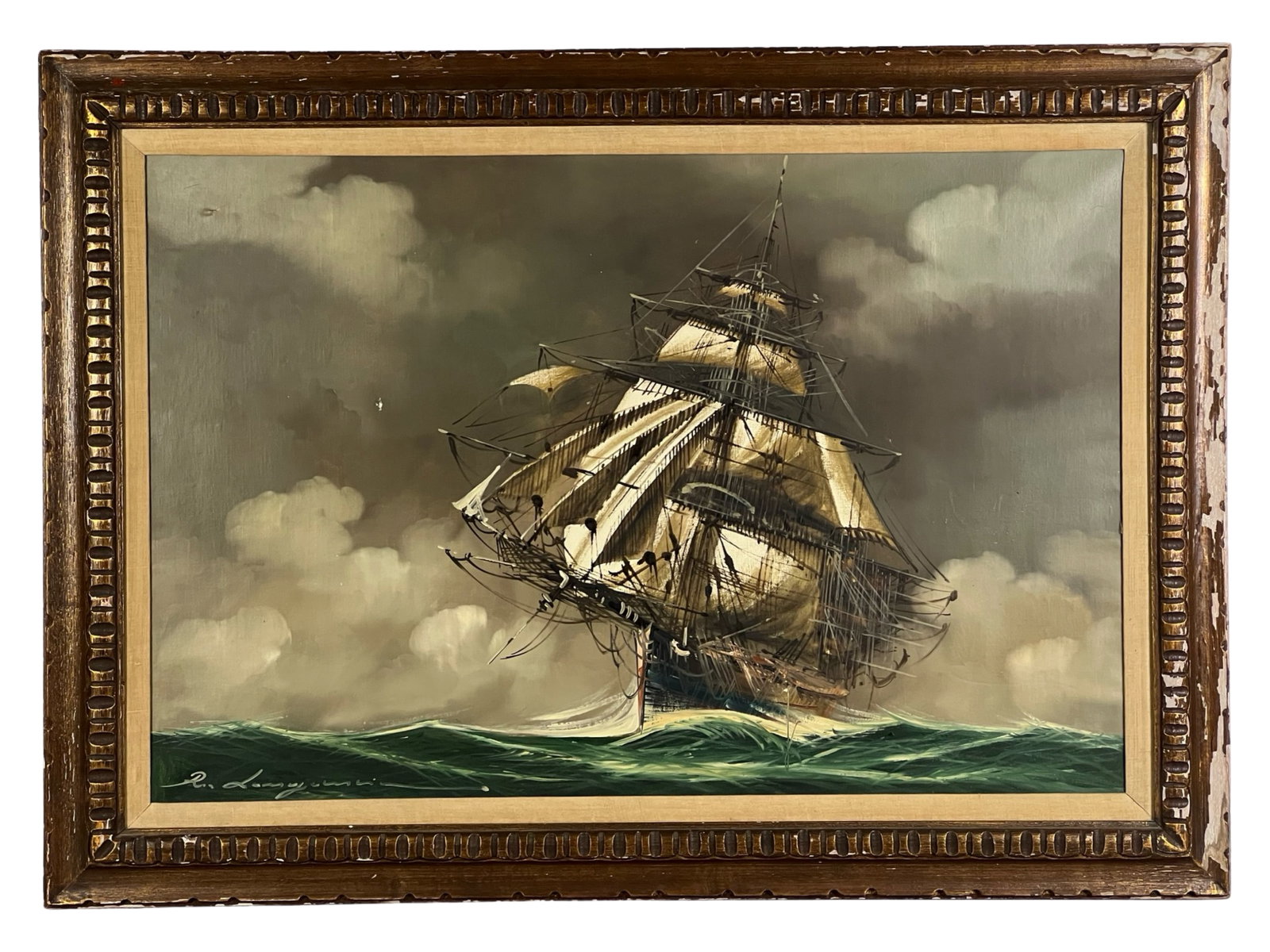 Renato Longanesi Sailing Ship Nautical Oil Paintin: Presenting a stunning oil painting on canvas depicting a majestic sailing ship by the renowned artist Renato Longanesi. Signed in the lower left corner, this captivating piece measures 43" x 31" frame