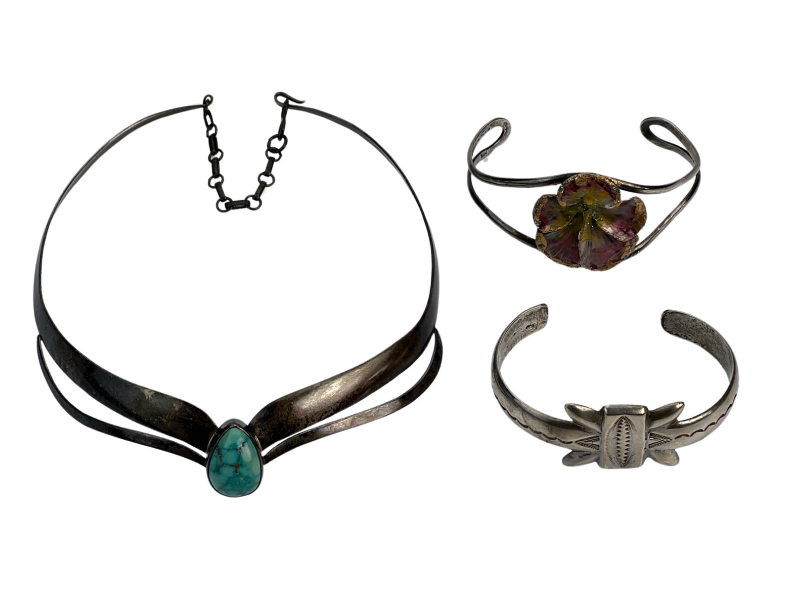 Sterling Silver Jewelry- Necklace & Bracelets: Vintage Sterling Silver Jewelry- Choker Necklace with Turquoise Stone and two Cuff Bracelets- one with enamel Flower. All are in good condition.