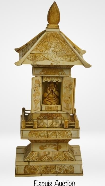 Asian/ Japanese Carved Bone Shrine Temple: Immerse yourself in the exquisite craftsmanship and spiritual significance of this Asian/Japanese Carved Bone Shrine Temple. Standing at a height of 13 inches, this remarkable piece embodies the beaut