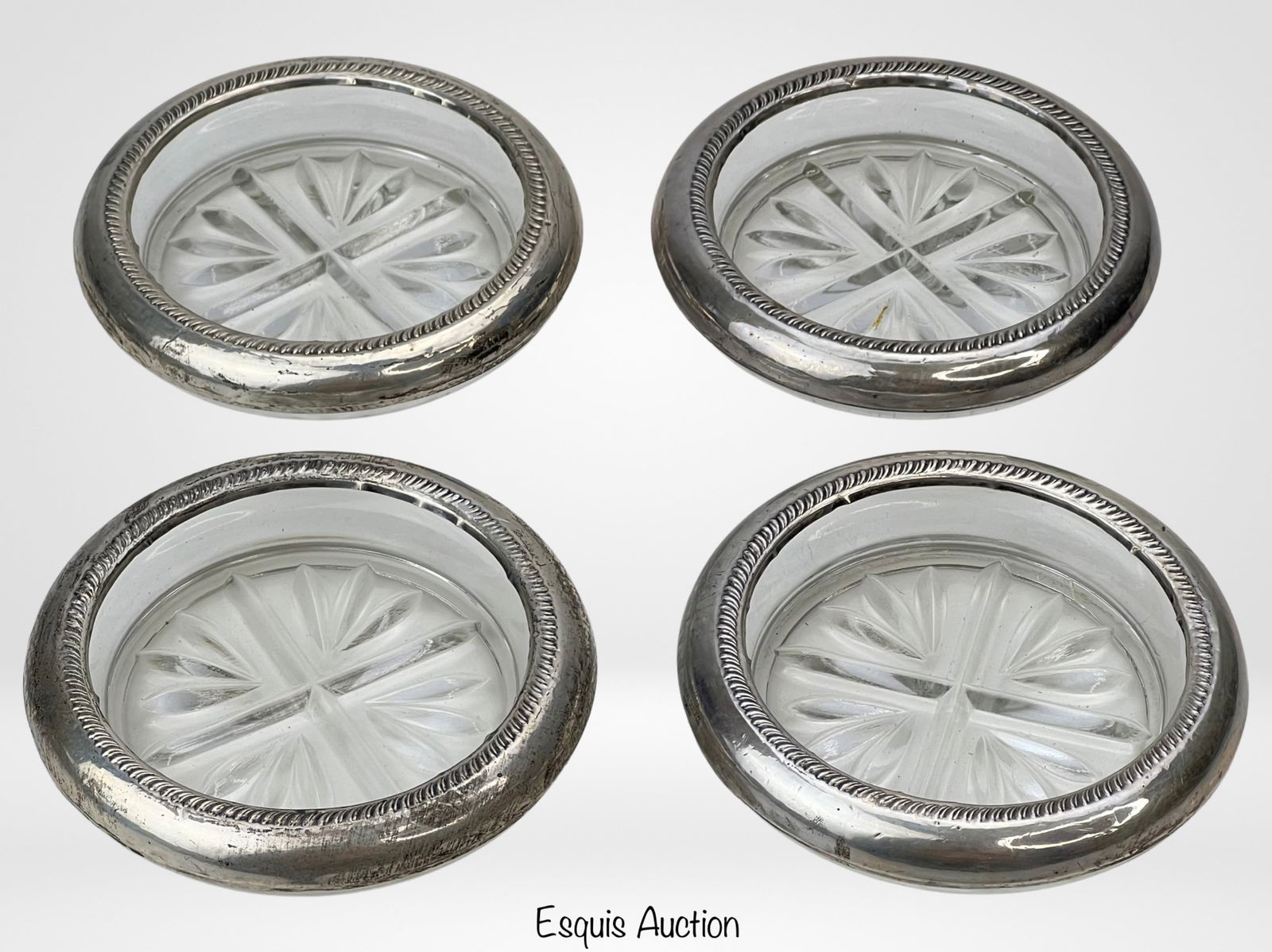 Vintage Crystal and Sterling Silver Rim Coasters: Vintage Rogers Crystal and Sterling Silver Rim Coasters. Lot of 4