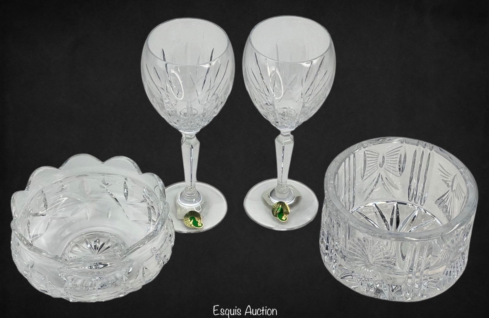 Waterford Crystal- Wine Glasses & Bowls: Waterford Crystal- Pair of Wynnewood Wine Glasses, Millennium Champagne Wine Bottle Coaster and Lismore Bowl. All are in good condition.