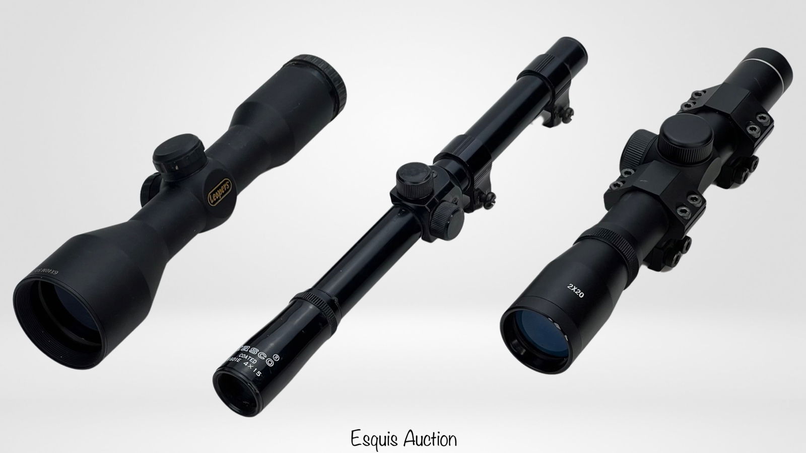 Lot of 3 Rifle Scopes- Tasco, Leapers: Lot of 3 Rifle Scopes including Tasco #601E 4x15; Leapers 03-020073 6x40m 5th Gen and Unknown Brand 2x20.