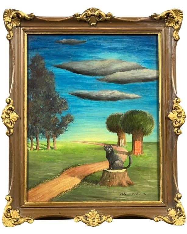 Gertrude Abercrombie- Surrealist Oil Painting: "Mysterious Cat" is a captivating oil painting by the renowned American surrealist artist Gertrude Abercrombie. In this enigmatic composition, Abercrombie explores the dreamlike realm of the subconsci