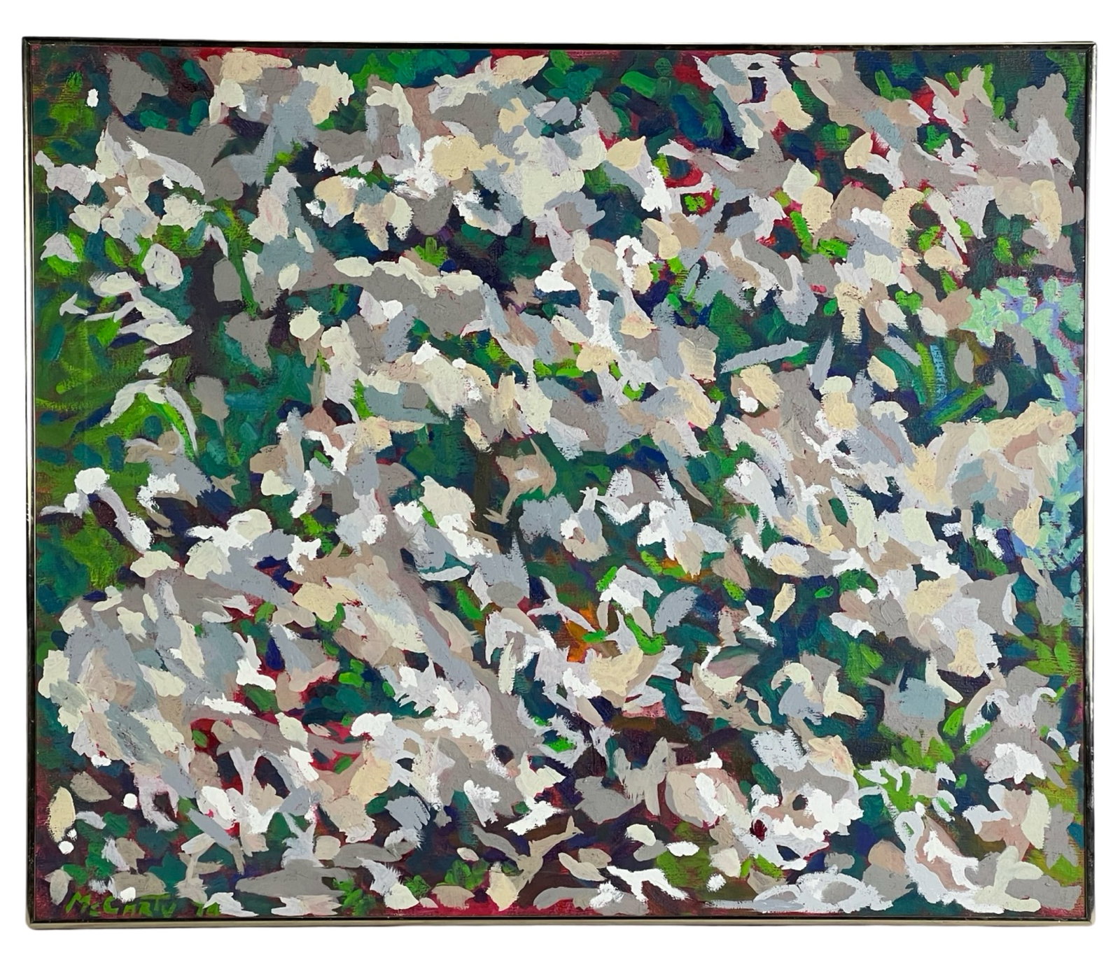 McCarty- Impressionist Field of Flowers Painting: This enchanting oil painting on canvas- Impressionist Field of Flowers, captures the beauty and vibrancy of a blooming field with a delightful Impressionist flair. Painted in 1974 by the artist McCart