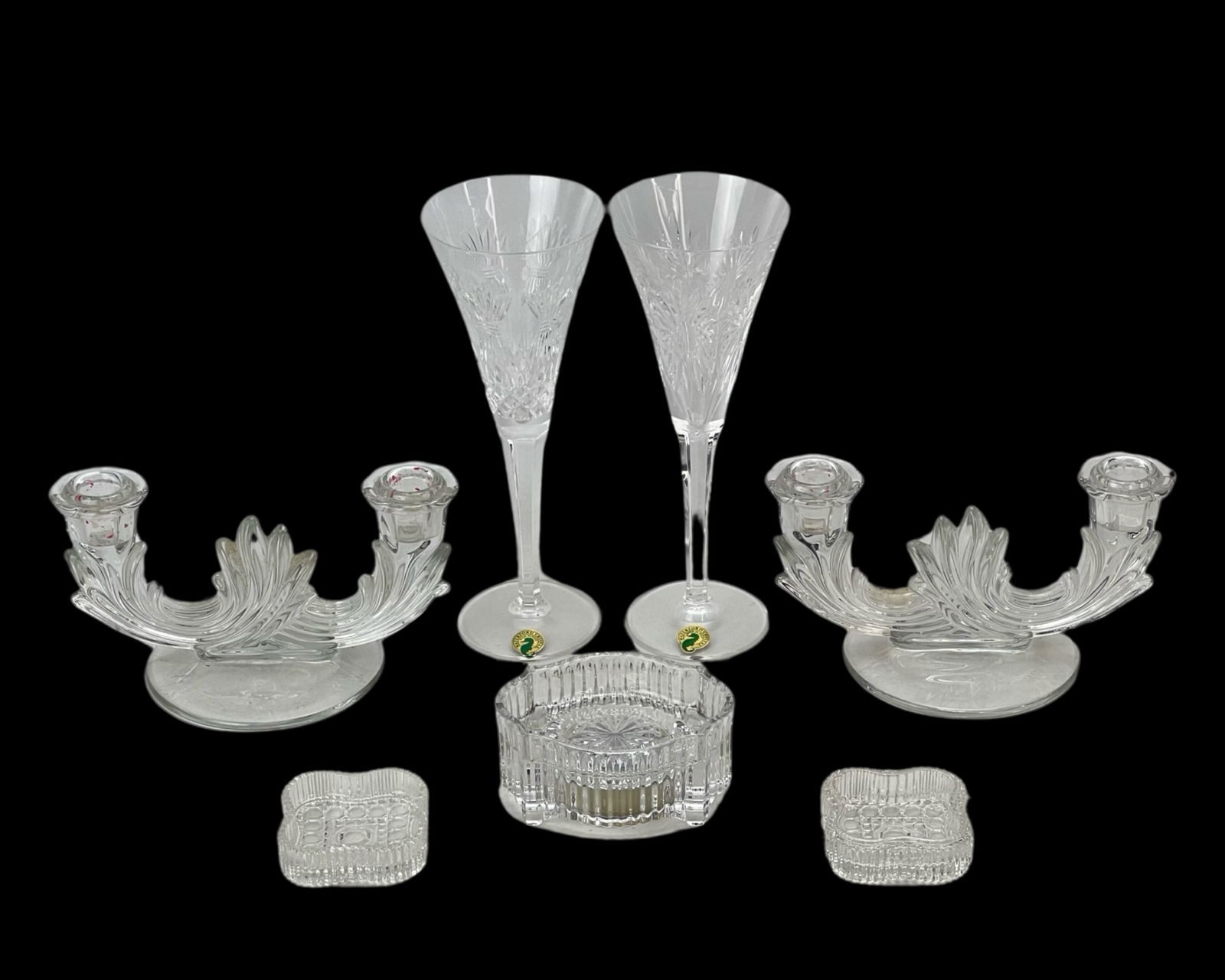 Crystal & Glass Group incl. Waterfoed Flutes: Crystal and Glass Group inlcuing Waterford Champagne Flutes, Waterford Music Bowl/ Ashtray and Fostoria Navarre Baroque Clear Glass Double Arm Candlesticks. Tallest are 9 1/2" tall. Good Condition.