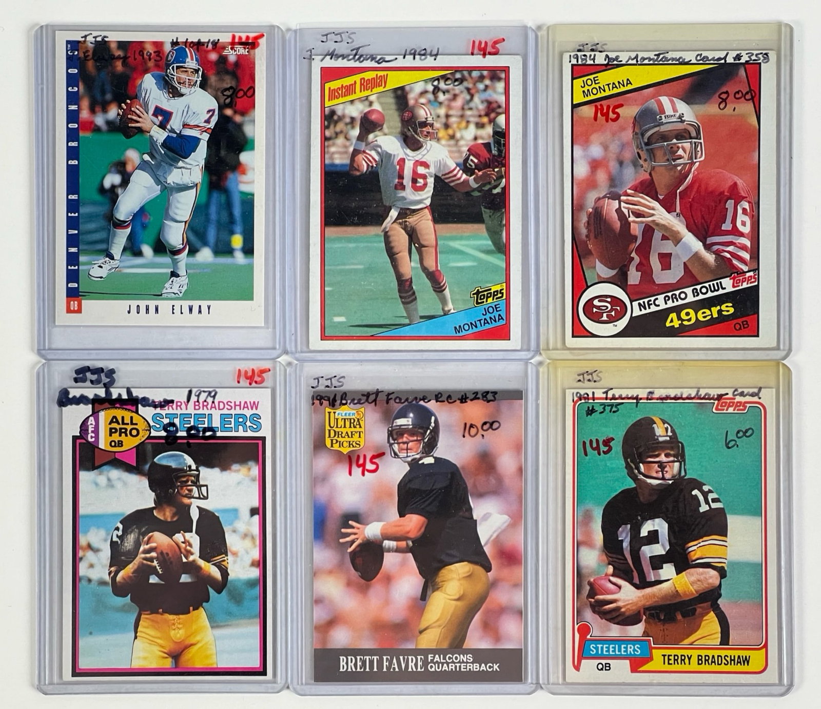 HoF Quarterbacks Baseball Cards '70s- '90s: HoF Quarterbacks Baseball Cards including 2- '84 Montana, '91 Favre RC, '71 & '81 Bradshaw and '93 Elway. All Nr-Mint Condition.