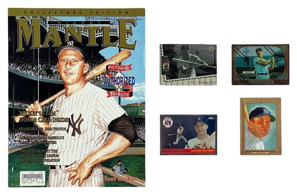 Mickey Mantle Tribute Colelction- Magazine & Cards: Mickey Mantle 1995 Tribute Collectors Edition Magazine and 4 Mantle Tribute Cards. All Mint