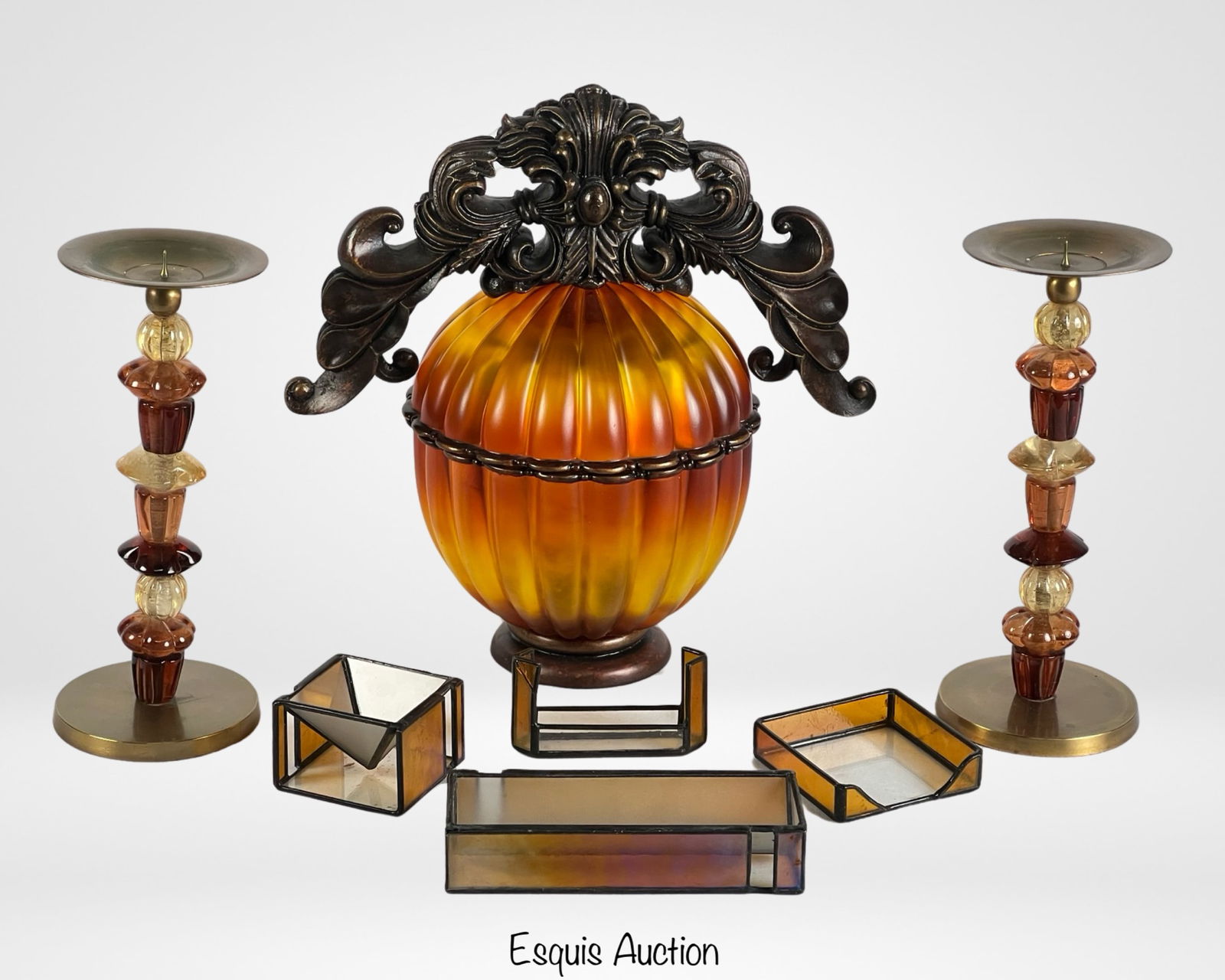 Home Decor- Amber Bowl, Memphis Candlesticks,: Amber Color Centerpice Bowl with Lid, Memphis Design Candlesticks and Amber Slag Glass Desctop Office Organizer Set. Tallest is 14" tall. All in good condition.