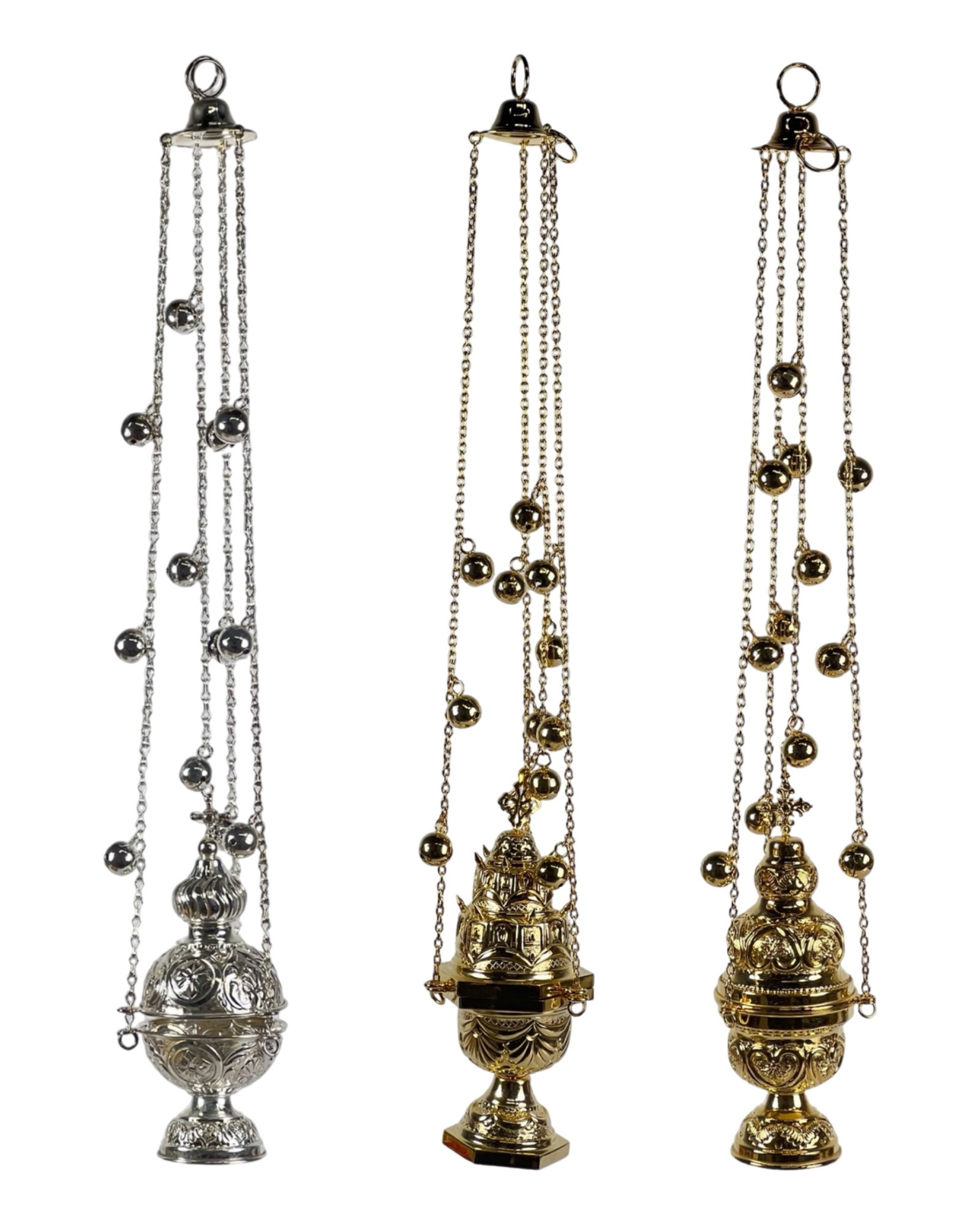 Orthodox Christian Church Thurible Incense Censers: Enhance the sacred atmosphere of your Orthodox Christian church with this lot of three exquisite Thurible incense burner censers. Crafted with reverence and precision, these censers are designed to el