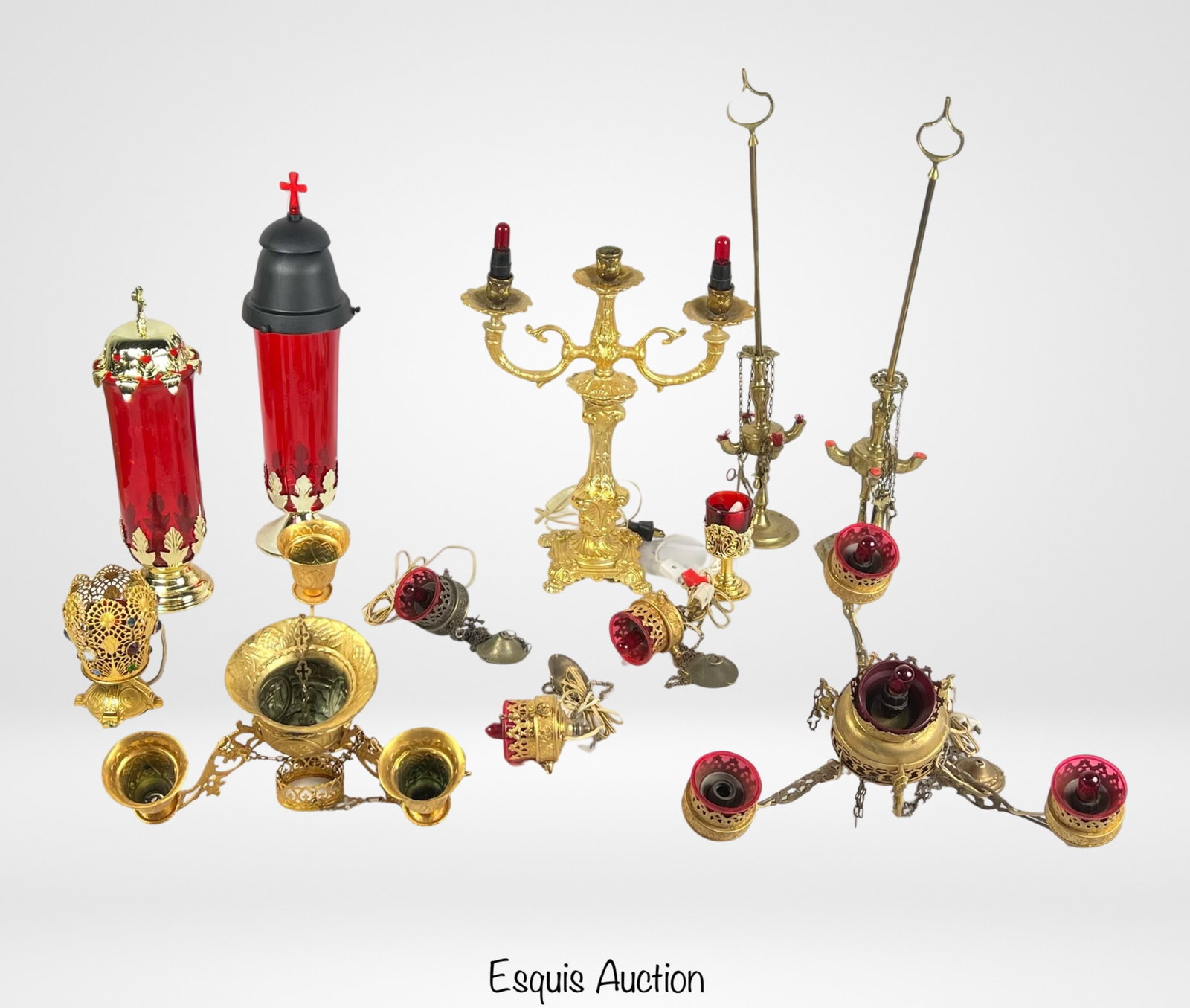 Church Altar Sanctuary Lights, Candelabras & Lamps: Church Altar Sanctuary Lights, Candelabras & Lamps. Mostly Brass. Unsearched, might be in as found condition.