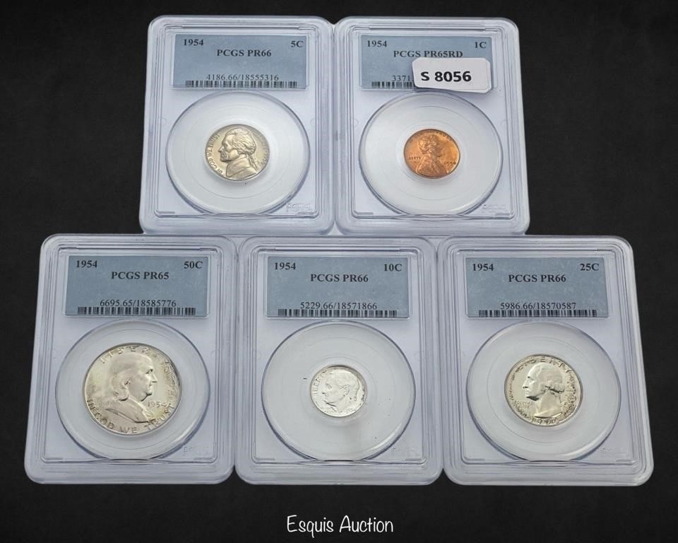 133 - 1954 1c, 5c, 10c, 25c & Half Dollar All PR66 (1 of 2)