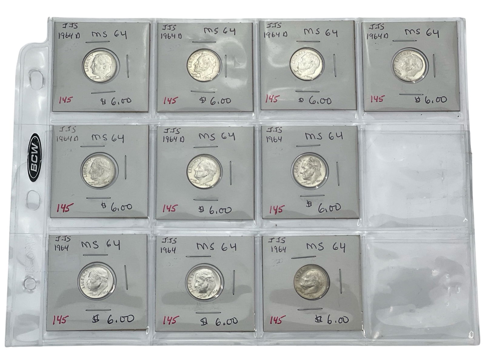 Lot of 10 Mint 1964 Roosevelt Silver Dime Coins (1 of 3)