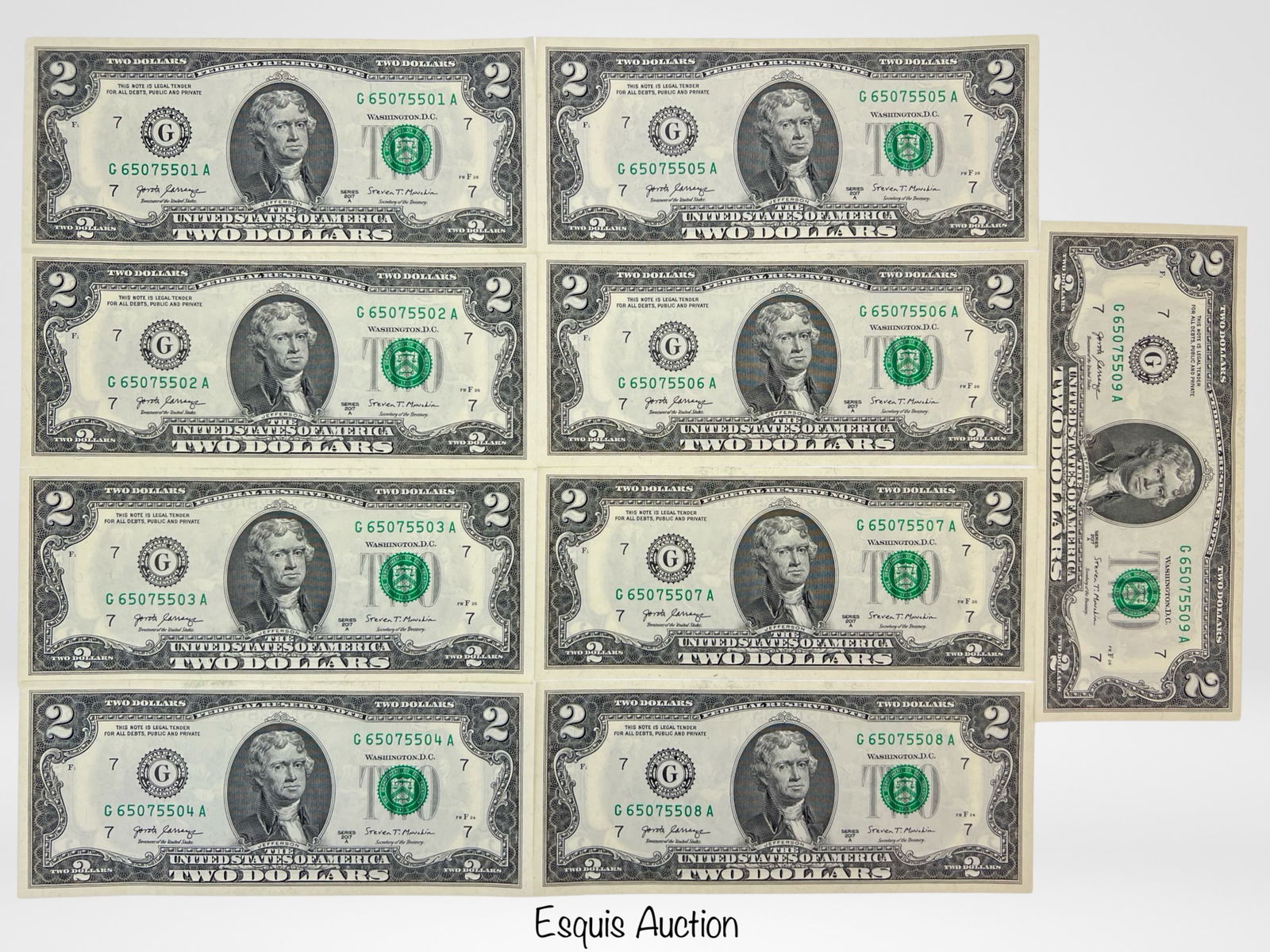 9 2017 Sequential $2 Dollar Banknotes w/ Quad 7s (1 of 2)