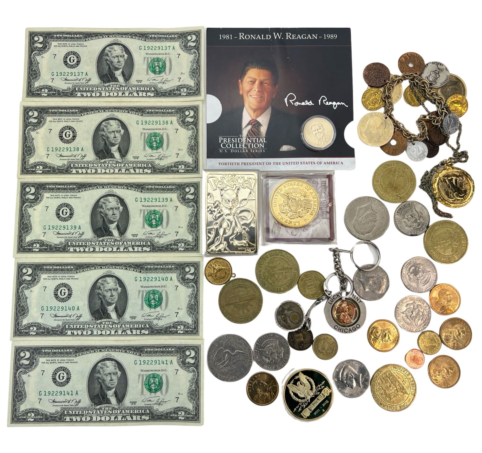 2 Dollar Bills, US & World Coins and Tokens (1 of 5)