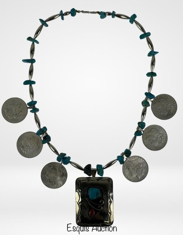 Native American Sterling Necklace w Morgan Dollars (1 of 5)