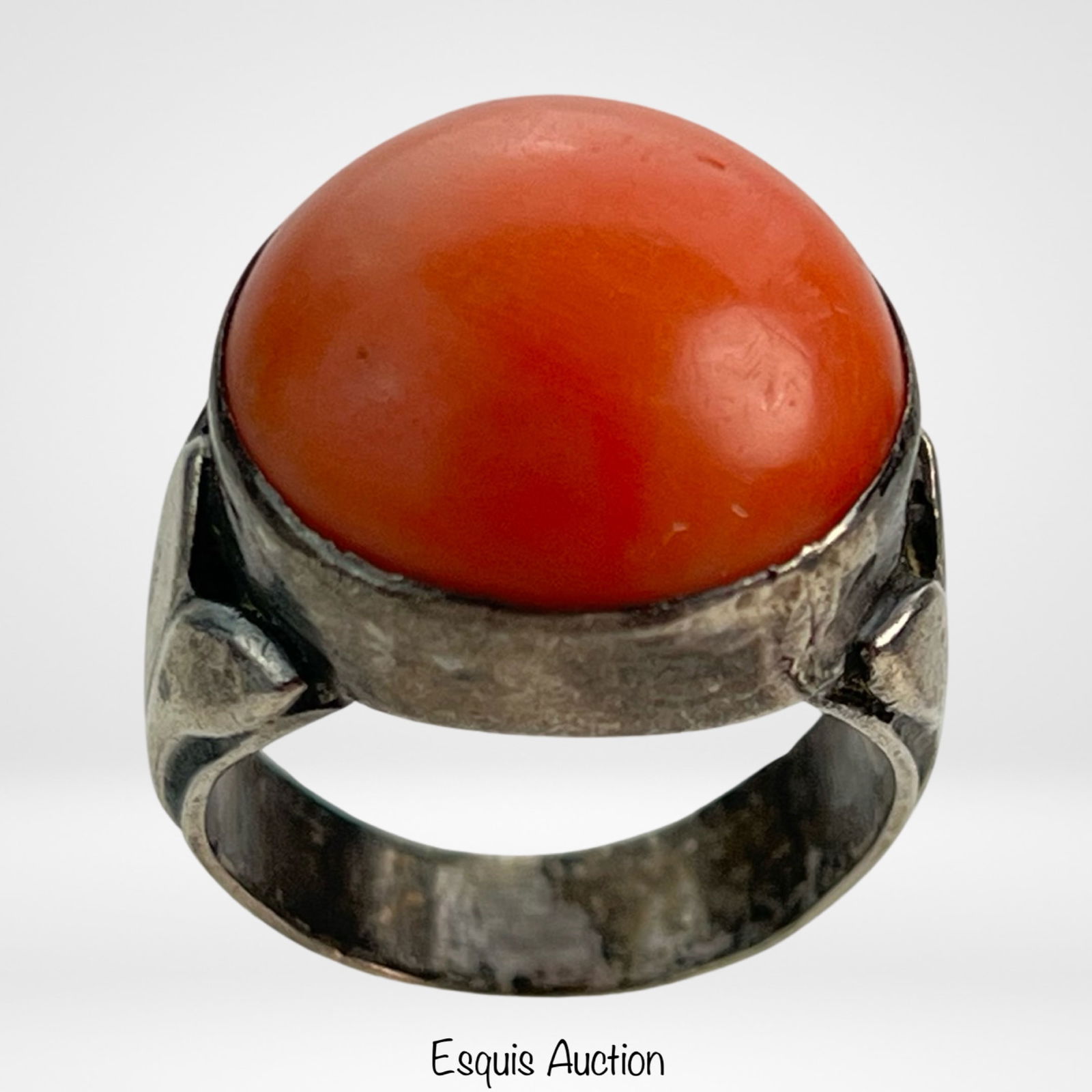 Lady's Sterling Silver Ring with Large Coral Cabon (1 of 5)