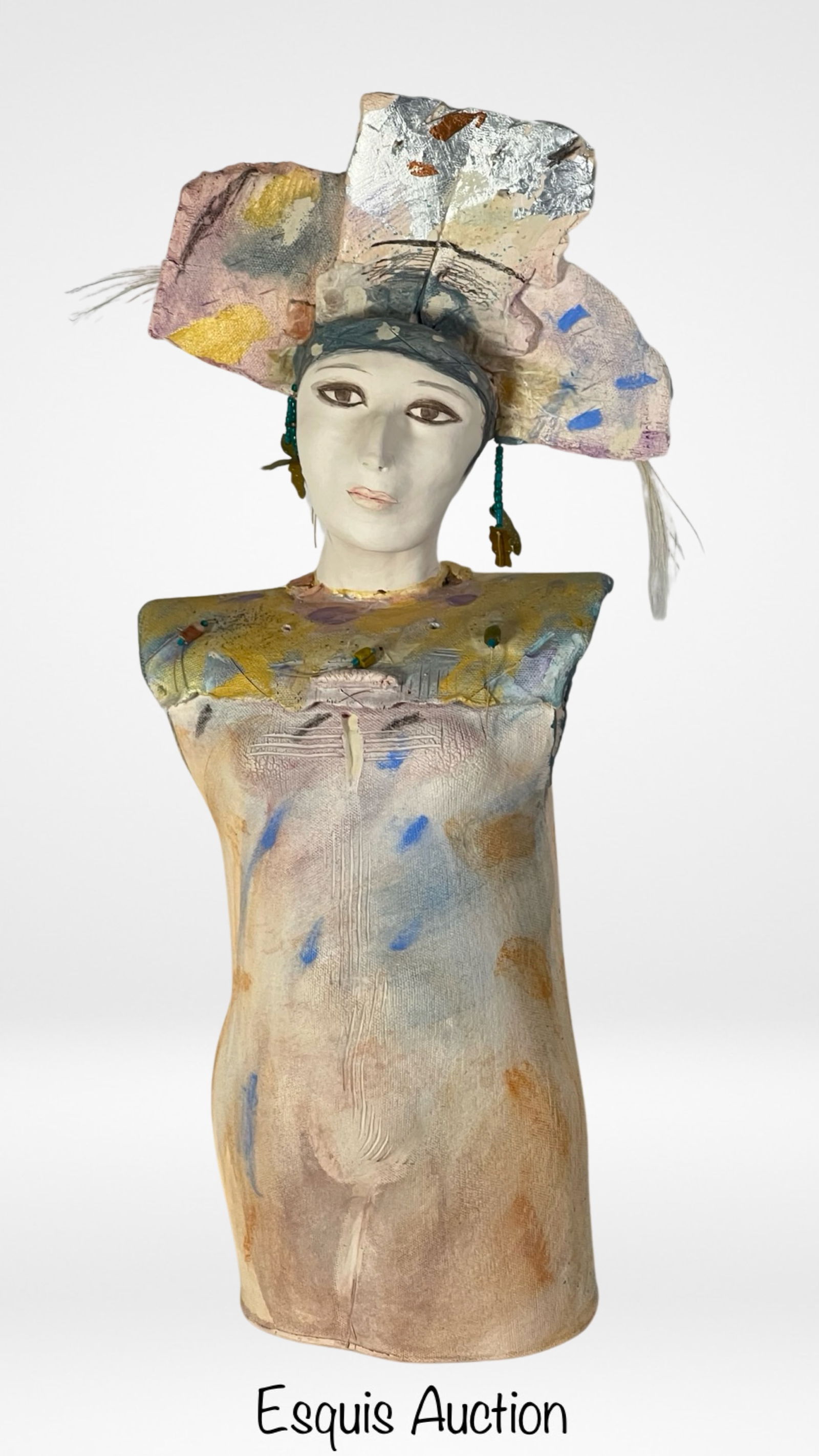 Savitri Goddess of Light Large Modernist Sculpture: Immerse yourself in the radiant presence of Savitri, the Goddess of Light, with this striking large clay modernist sculpture. Standing at an impressive 25 1/2" tall and measuring 9 1/2" x 7" in width