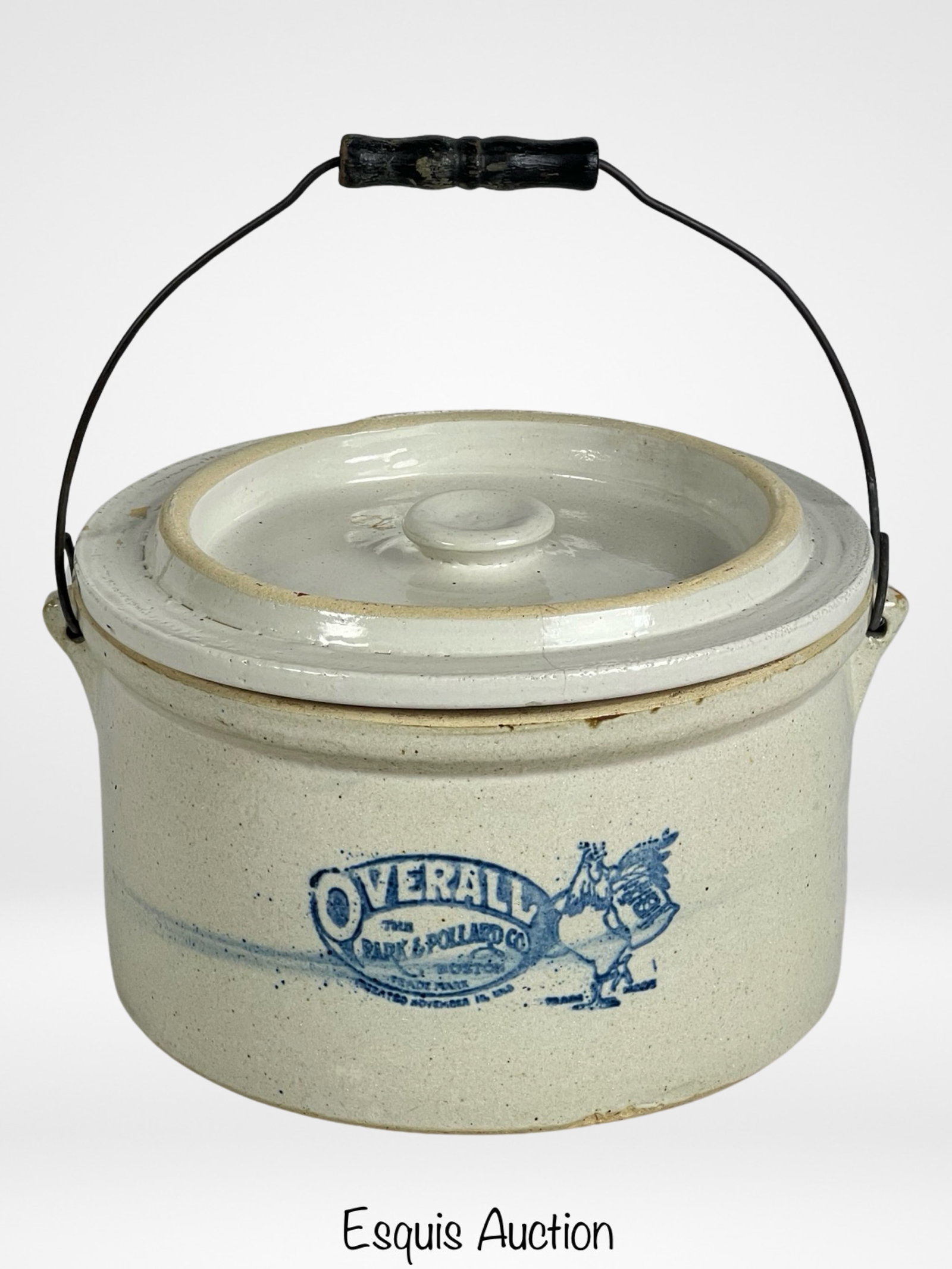 Antique "The Park & Pollard Co" Stoneware Crock: Transport yourself back in time with this charming Antique "Overall. The Park & Pollard Co" Stoneware Butter Crock. Standing 6" tall and boasting an 11" diameter, this piece exudes the rustic charm an