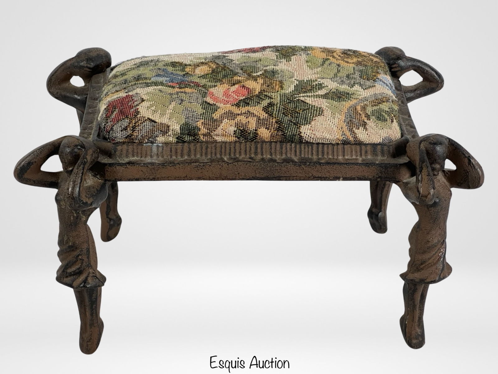 Antique Needlepoint Embroidered Cast Iron Ottoman (1 of 4)