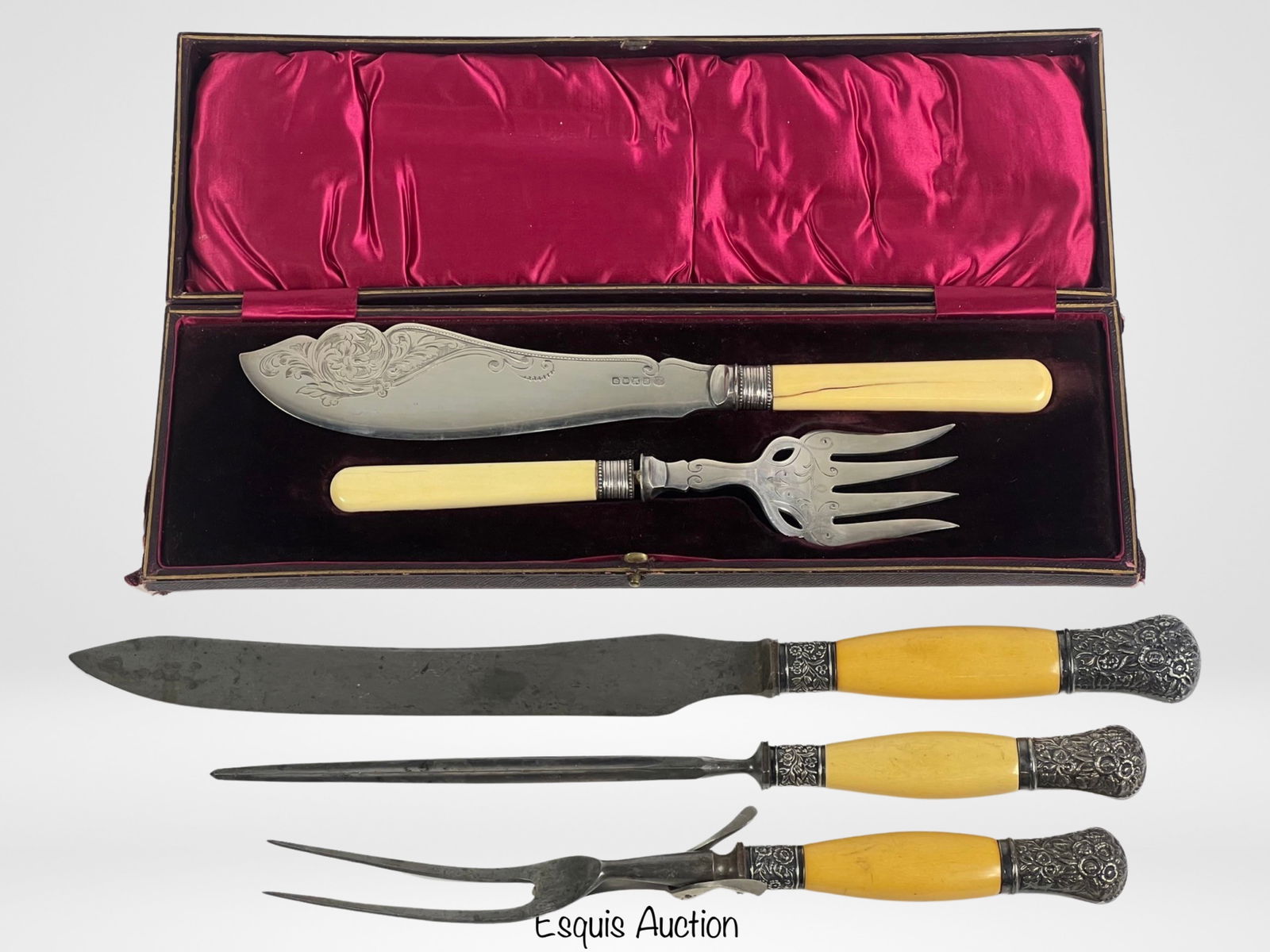 Two Antique Carving Knife Sets w/ Sterling Silver (1 of 6)