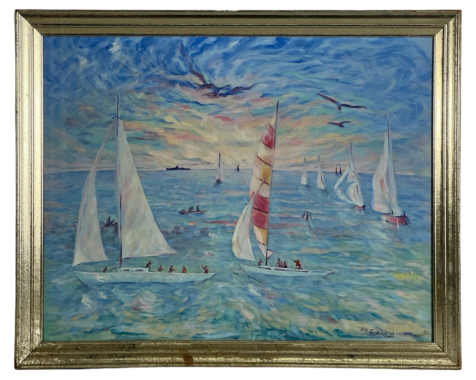 B.W. Gabriel- Impressionist Nautical Scene: Embark on a journey across tranquil waters with B.W. Gabriel's captivating Impressionist oil painting on canvas, depicting a picturesque nautical scene adorned with boats and yachts gently bobbing on 