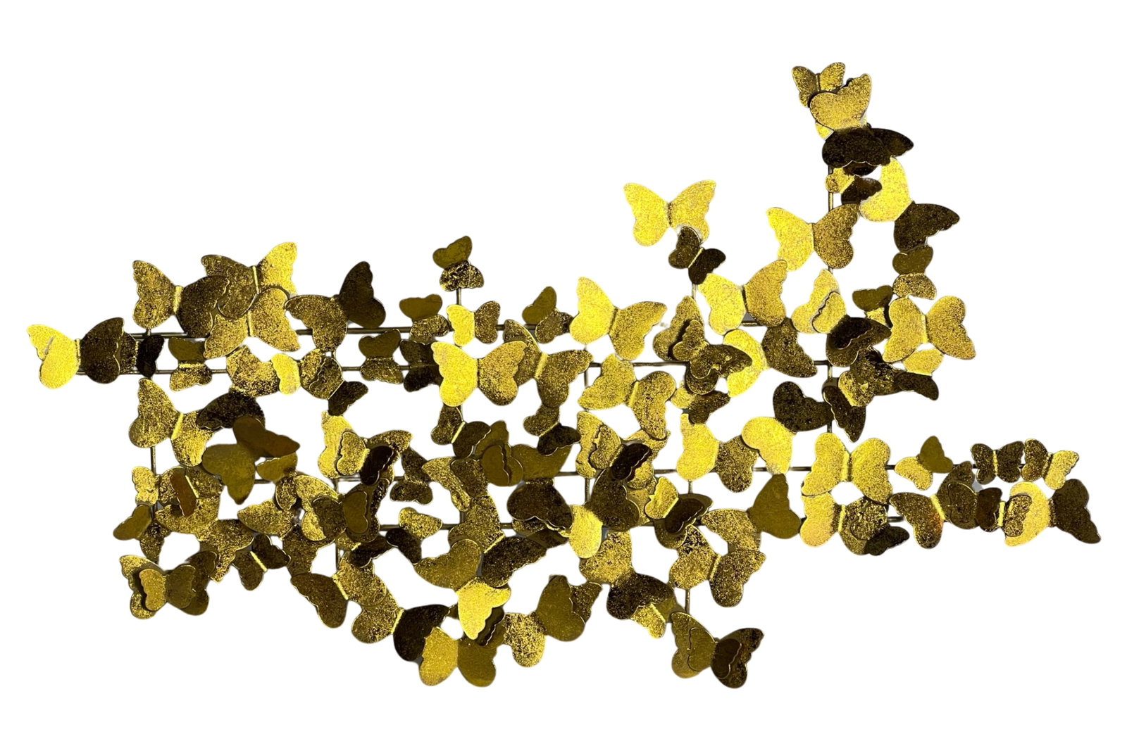 Gold Butterflies Metal Wall Sculpture: Transform your living space into a realm of enchantment with this stunning Gold Butterflies Metal Wall Sculpture. Measuring an impressive 45" x 25", this striking piece commands attention with its int