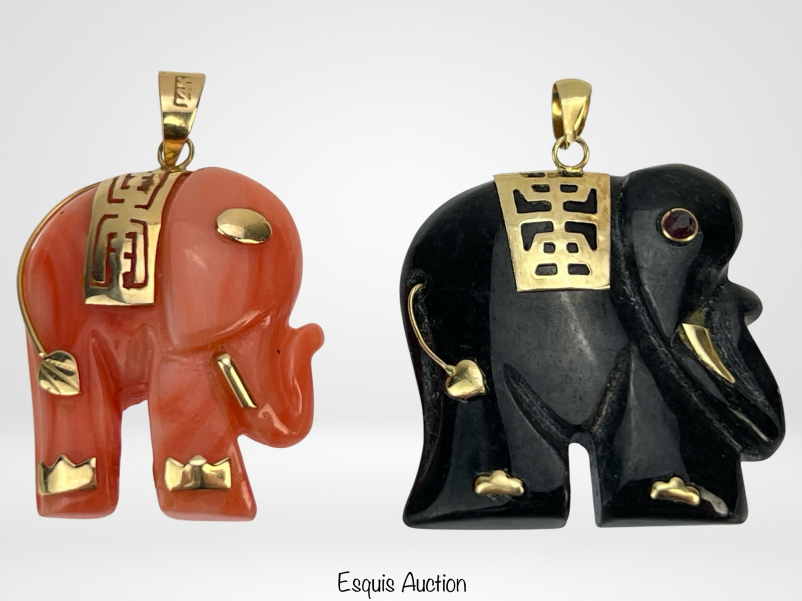 14k Gold Red & Black Jade Carved Elephant Pendants (1 of 3)
