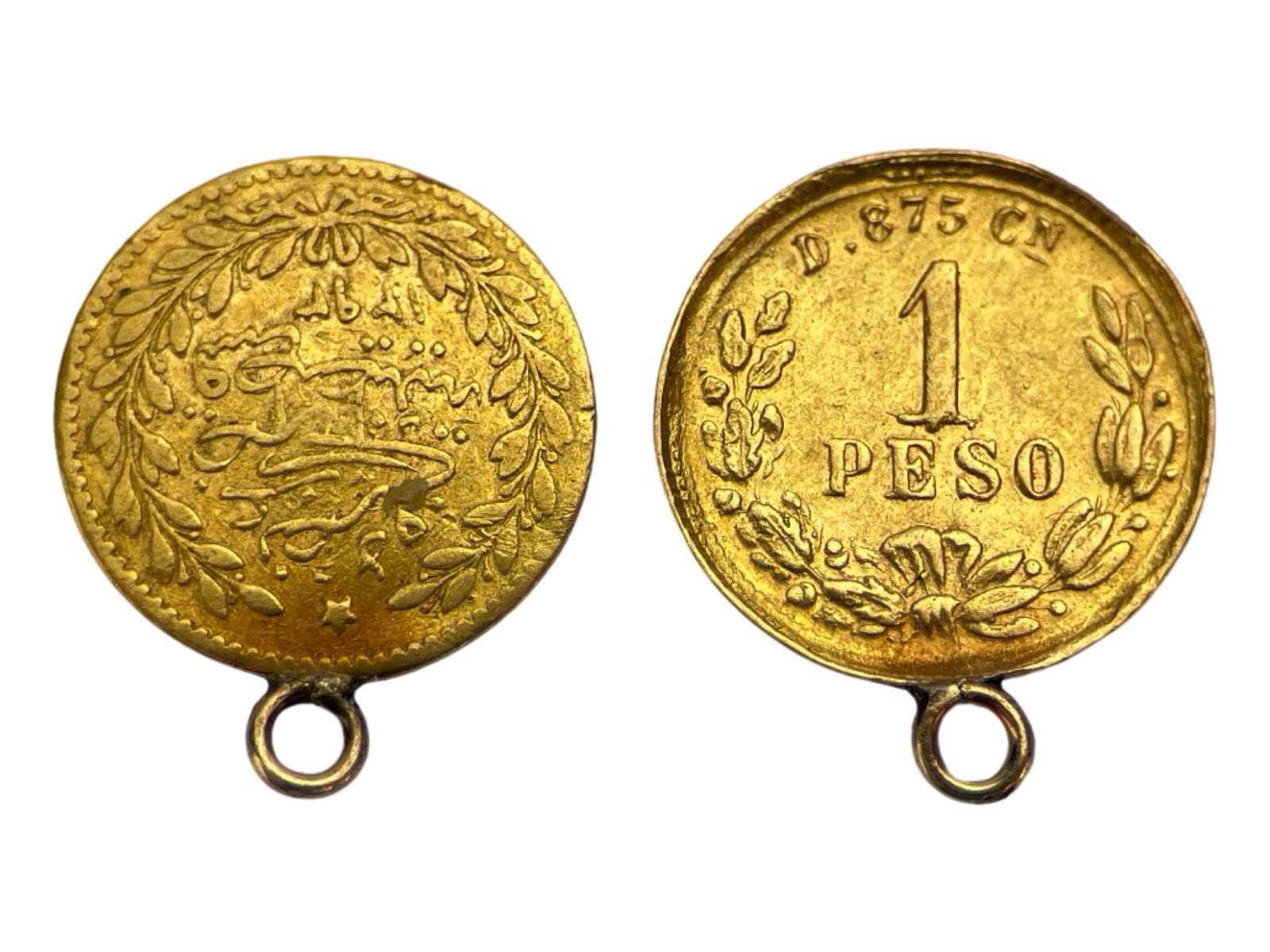 Two Gold Coin Pendants- Mexican Peso & Turkish Kur (1 of 2)