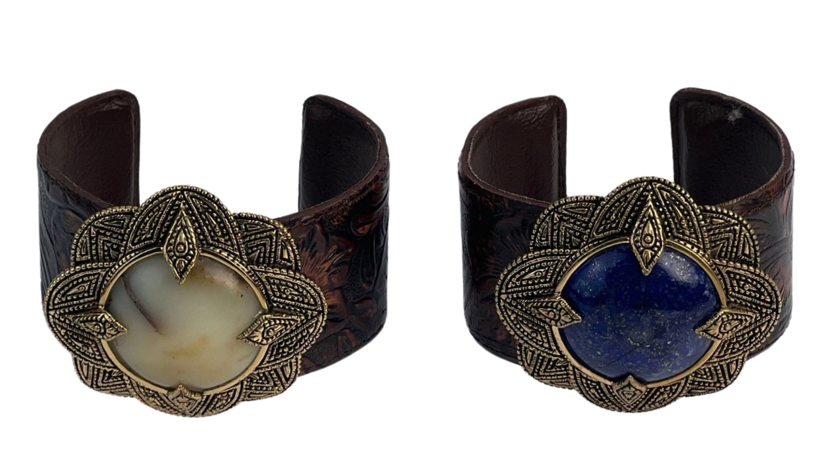 Barse- Bronze & Natural Stones Cuff Bracelets: Two Barse Genuine Leather & Bronze Designer Cuff Braclets- one with Natural Lapis Lazuli and one with African Opal.