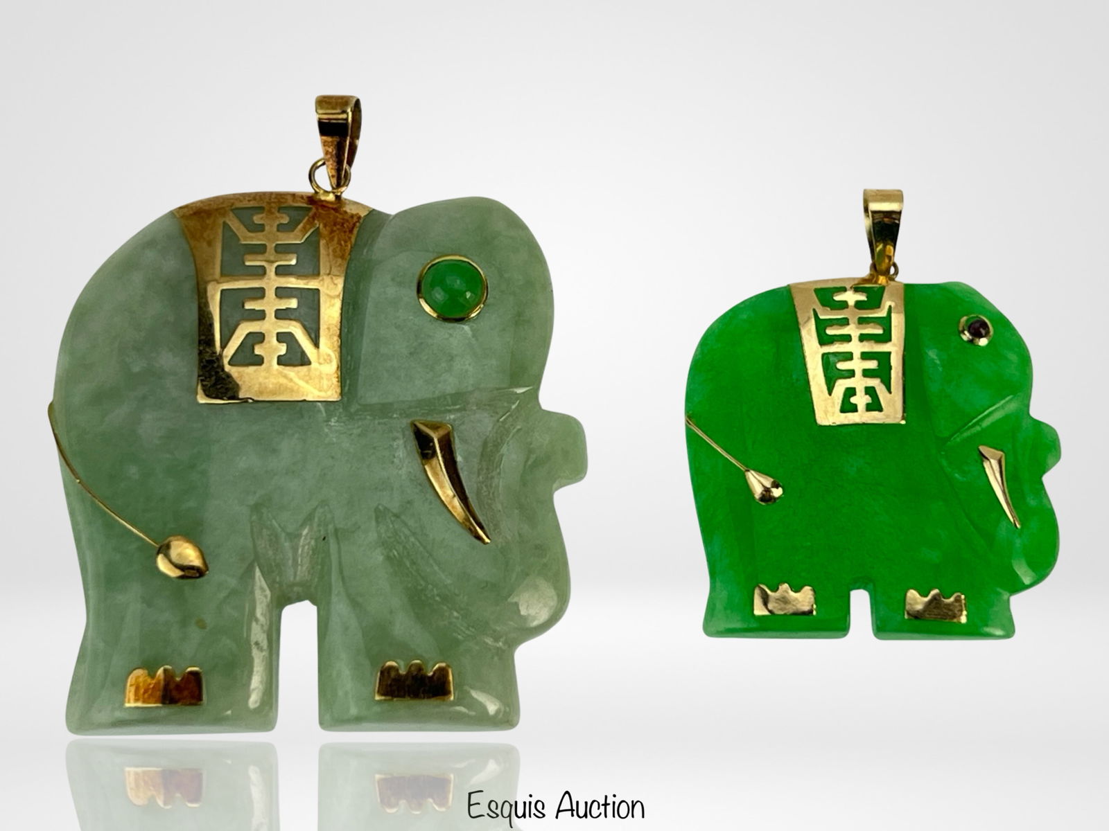 Two 14k Gold Green Jade Elephant Carved Pendants (1 of 3)