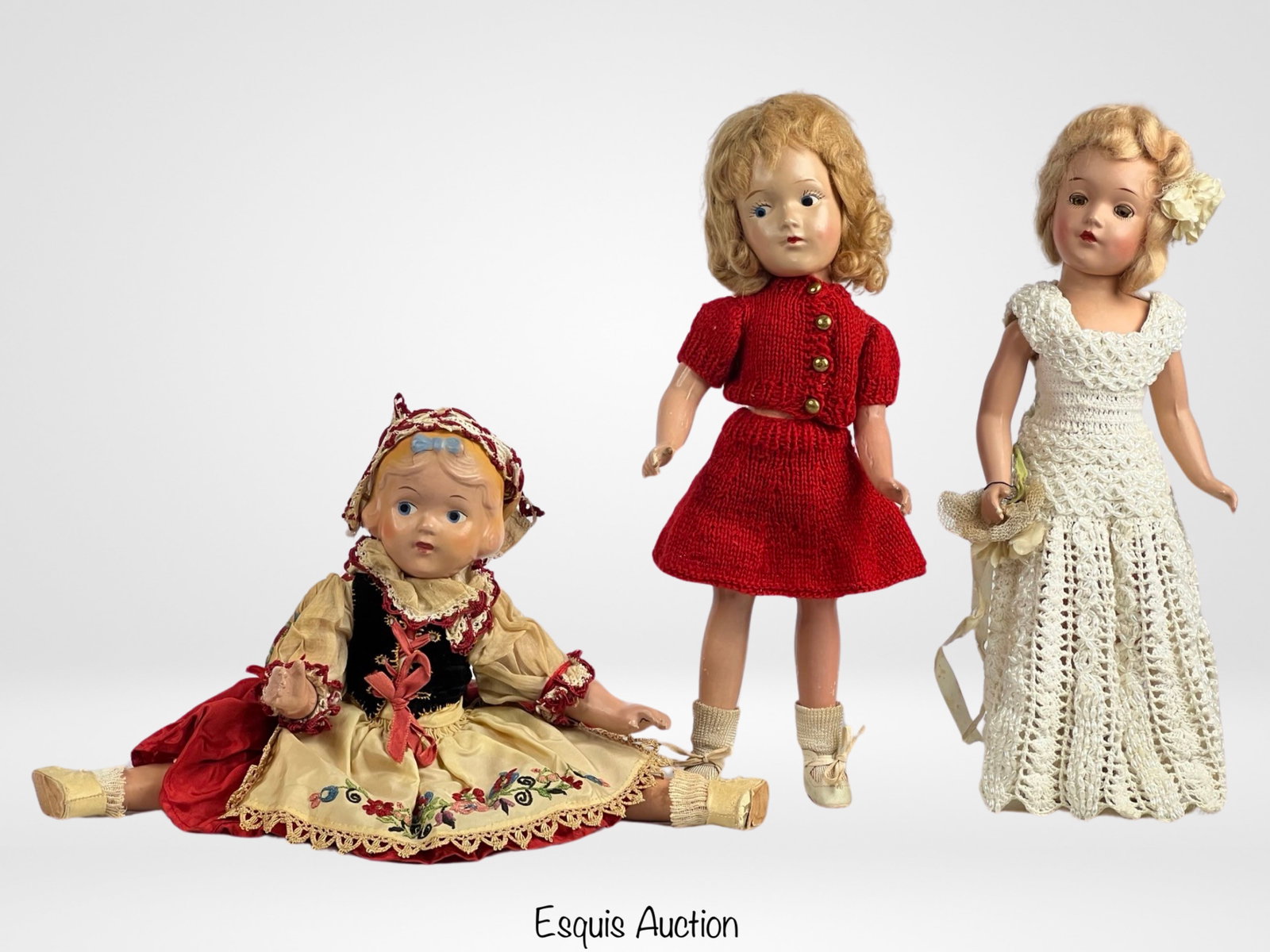 1930's-1940's COmpositio Dolls- early Mary Hoyer: Vintage Composition Dolls including early Mary Hoyer with mohair wig & painted side-glancing eyes; 1930's Doll with Molded Hair & painted side-glancing eyes in fabulous embroidered outfit (similar to 